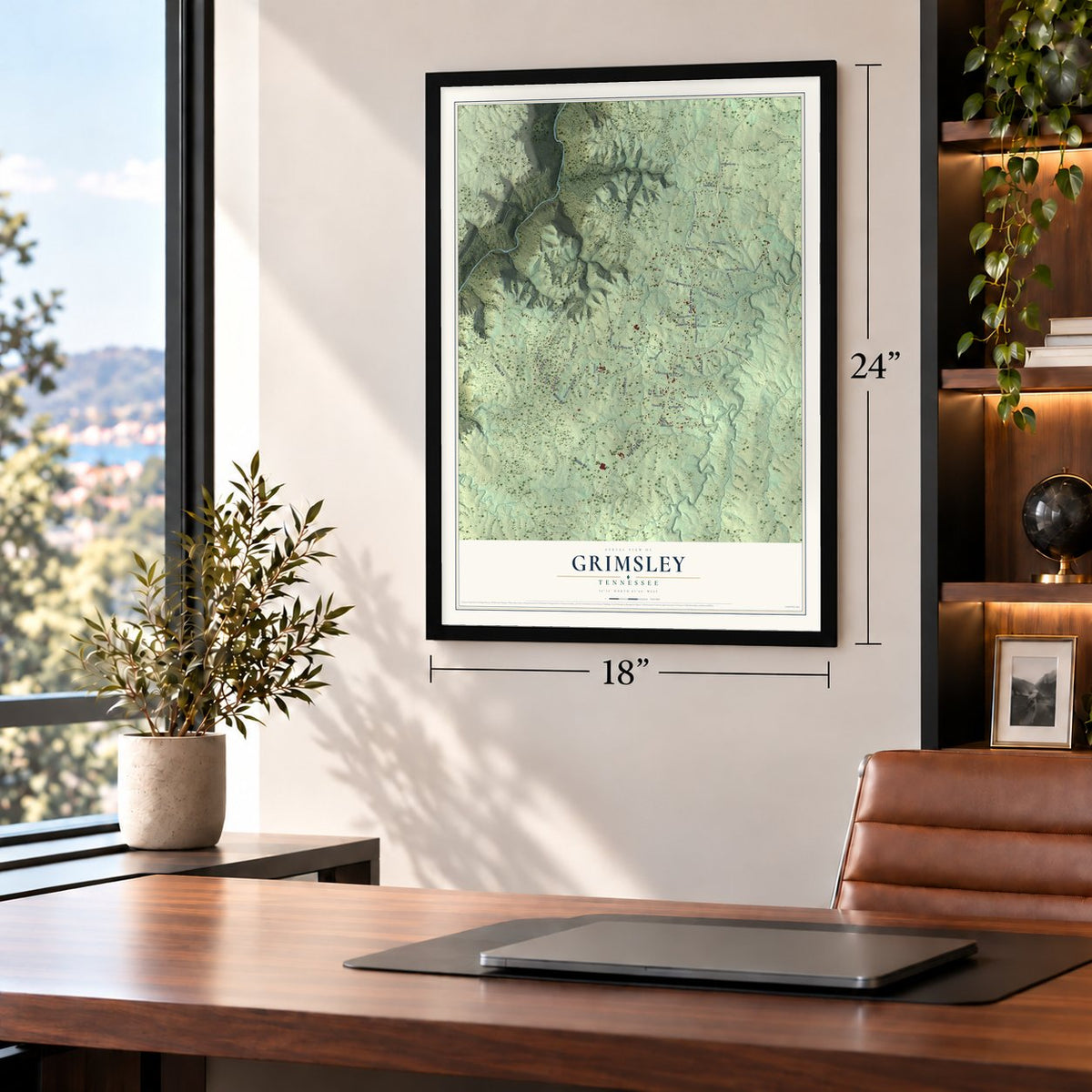 Grimsley, Tennessee map, 18 x 24 inch print in a black frame in a home office