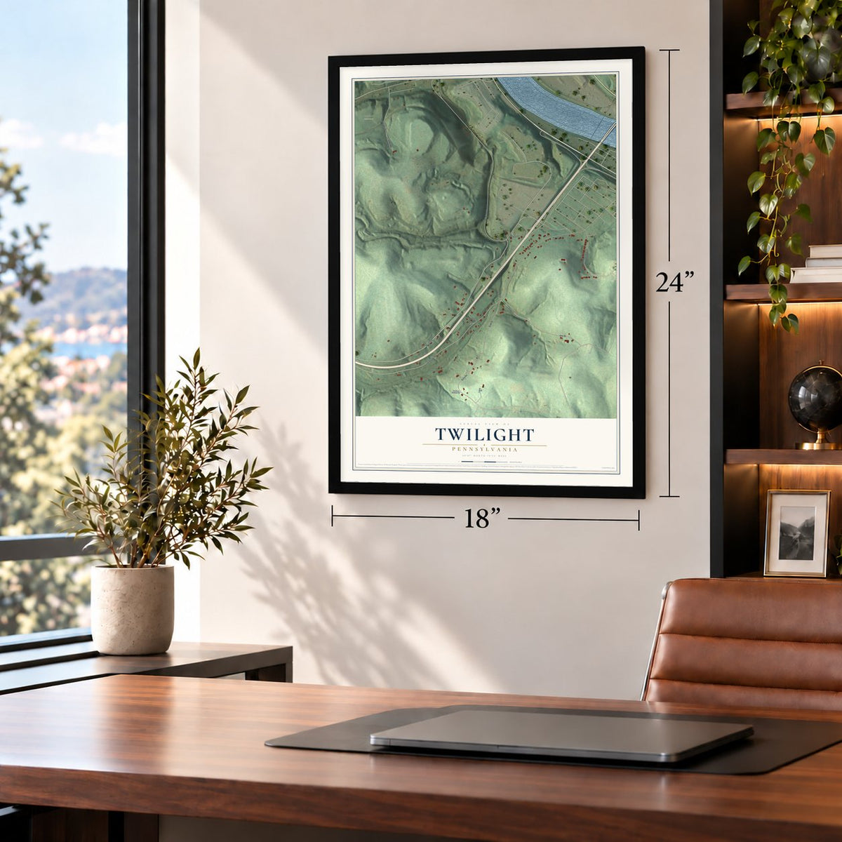 Twilight, Pennsylvania map, 18 x 24 inch print in a black frame in a home office