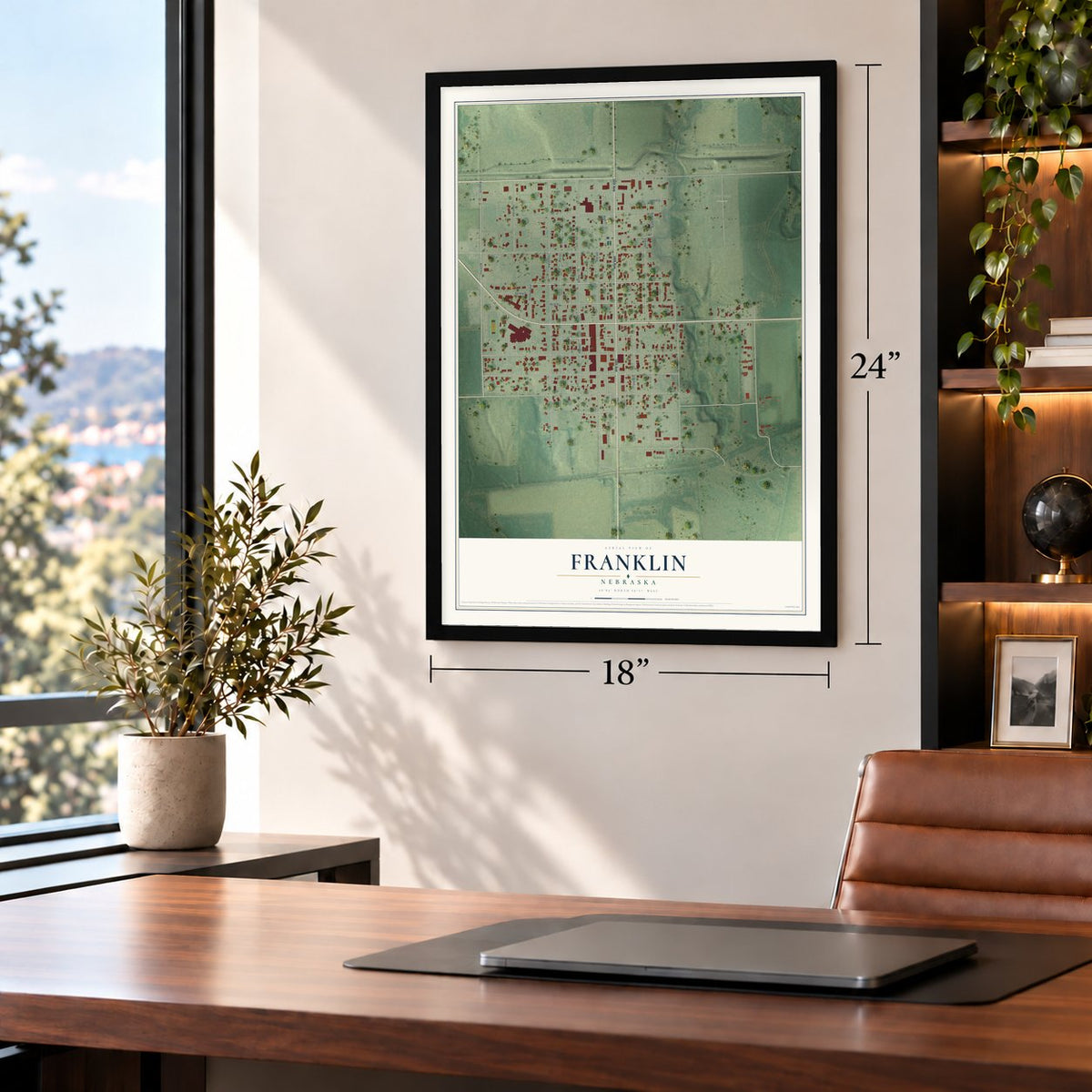 Franklin, Nebraska map, 18 x 24 inch print in a black frame in a home office