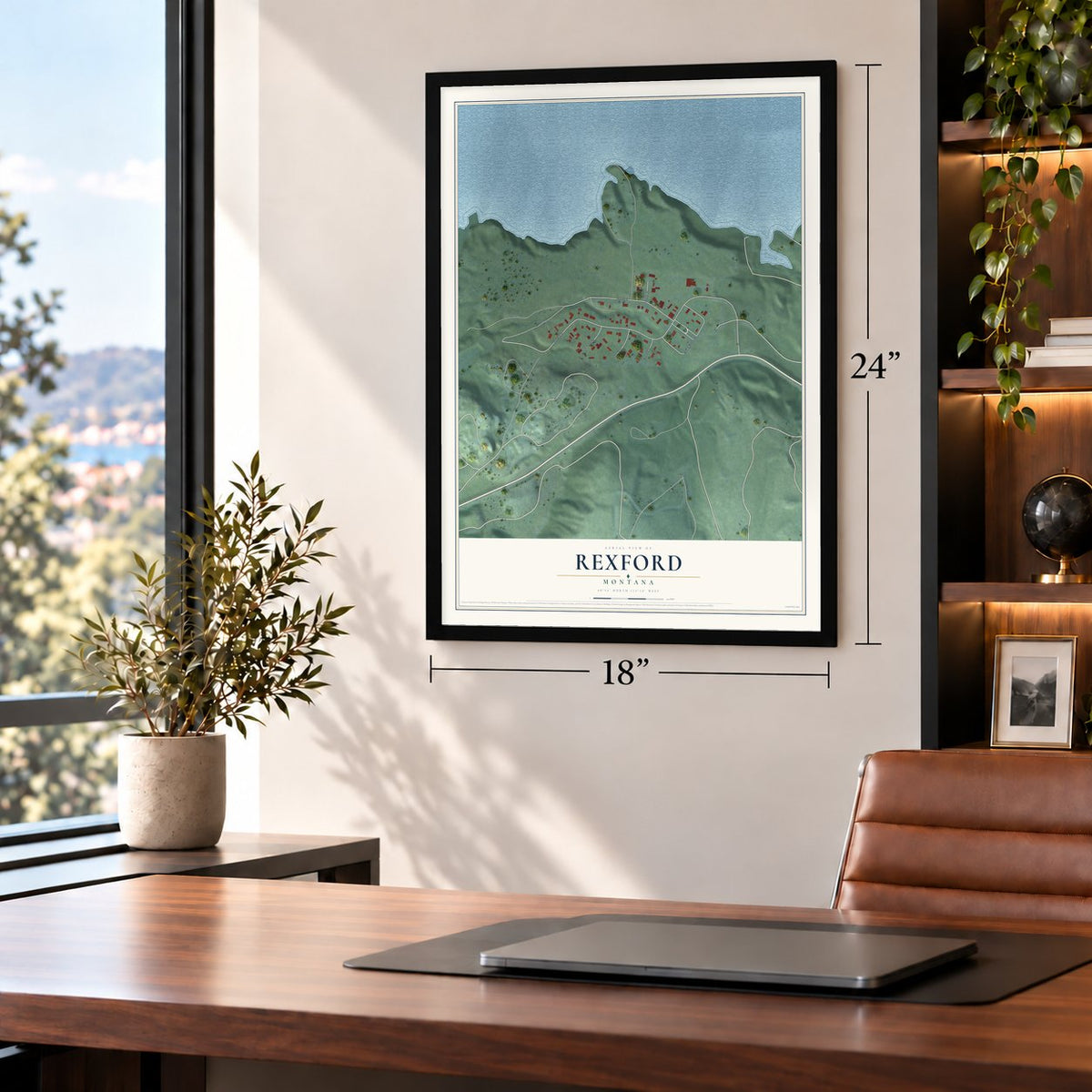 Rexford, Montana map, 18 x 24 inch print in a black frame in a home office