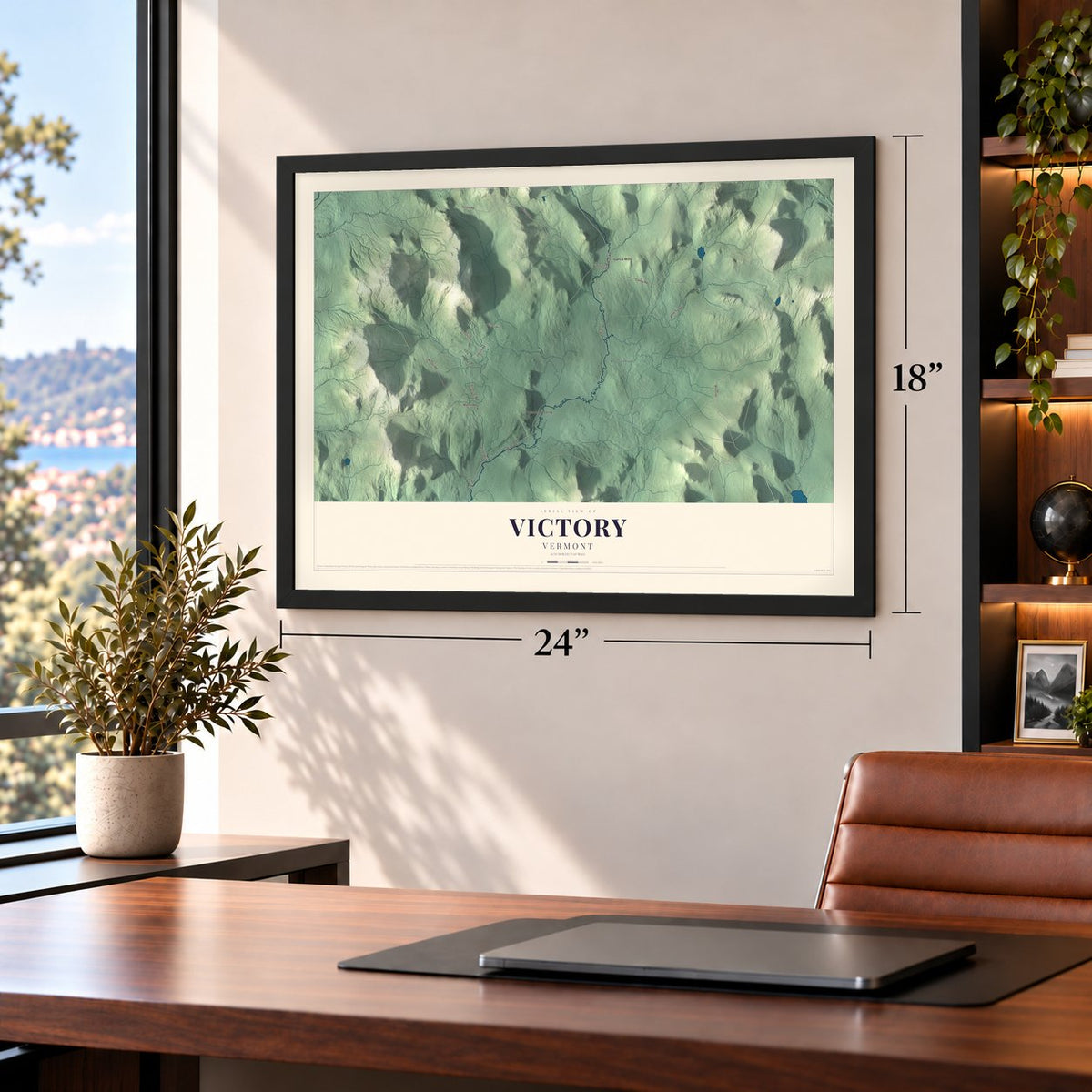 Victory, Vermont map, 18 x 24 inch print in a black frame in a home office
