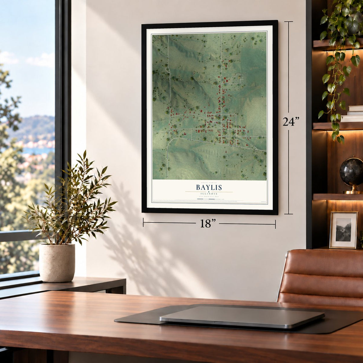 Baylis, Illinois map, 18 x 24 inch print in a black frame in a home office
