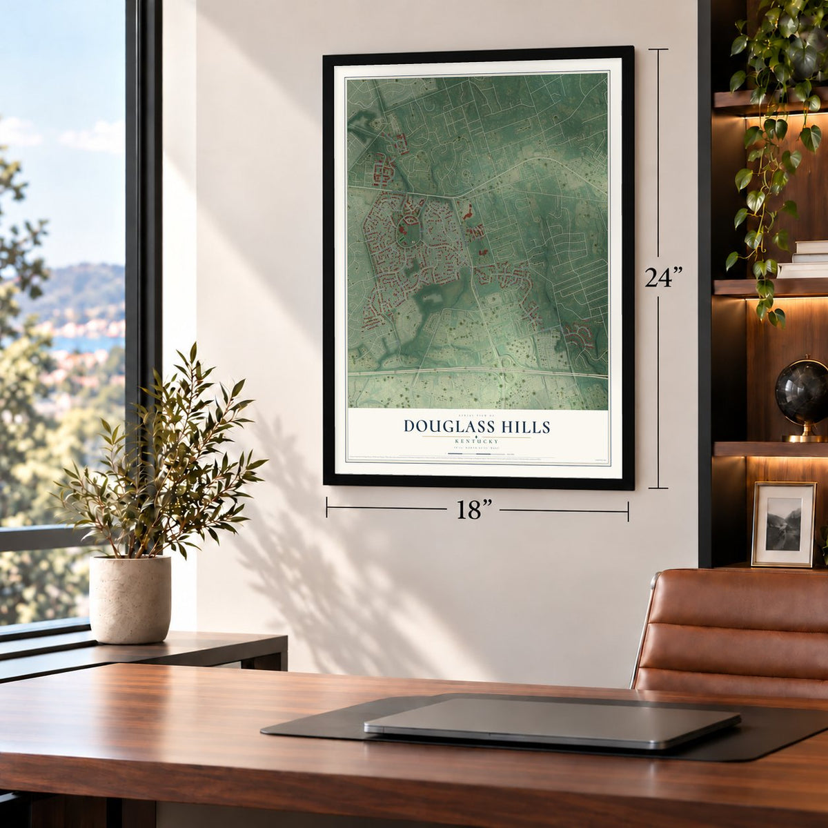 Douglass Hills, Kentucky map, 18 x 24 inch print in a black frame in a home office