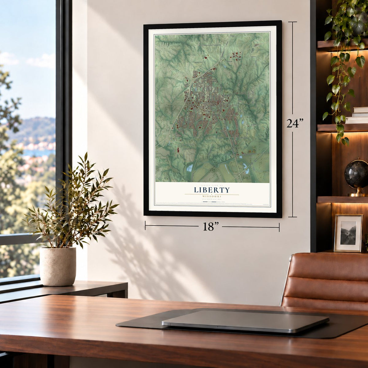 Liberty, Missouri map, 18 x 24 inch print in a black frame in a home office