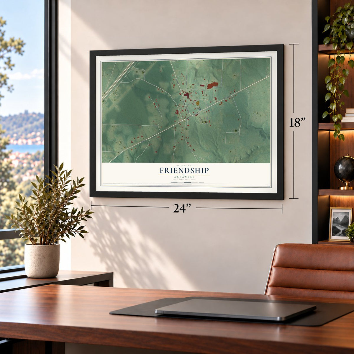 Friendship, Arkansas map, 18 x 24 inch print in a black frame in a home office