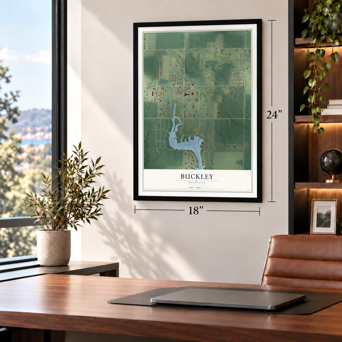 Buckley, Michigan map, 18 x 24 inch print in a black frame in a home office