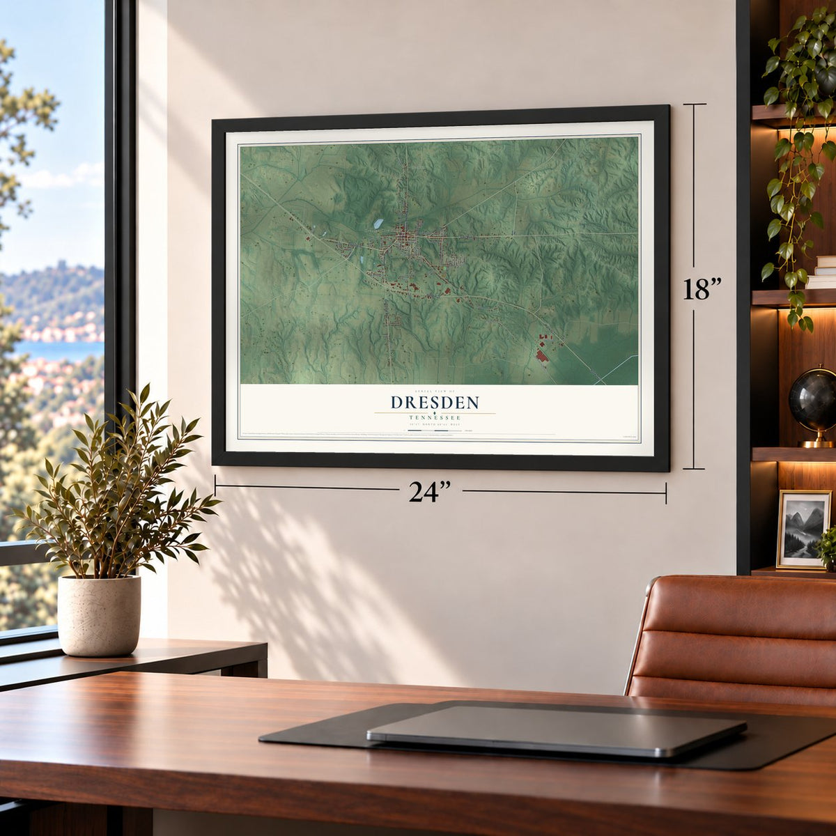 Dresden, Tennessee map, 18 x 24 inch print in a black frame in a home office