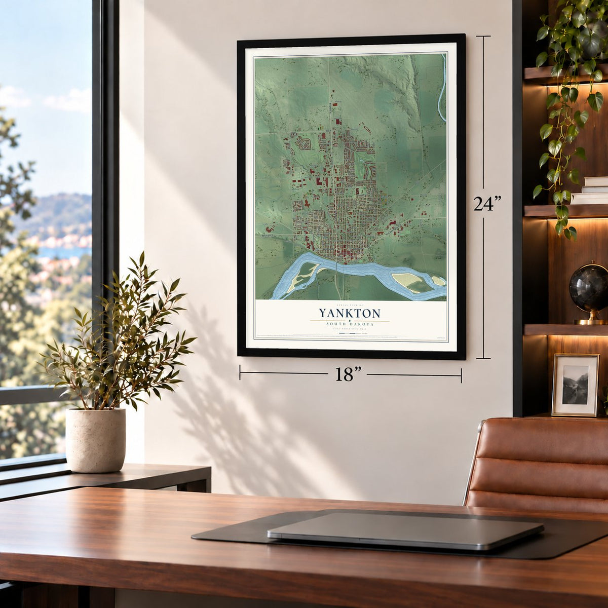 Yankton, South Dakota map, 18 x 24 inch print in a black frame in a home office