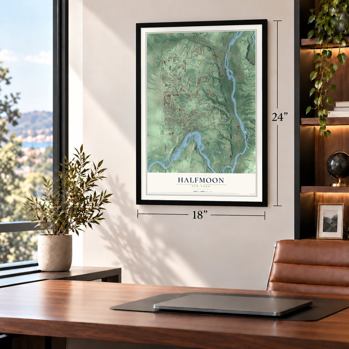 Halfmoon, New York map, 18 x 24 inch print in a black frame in a home office