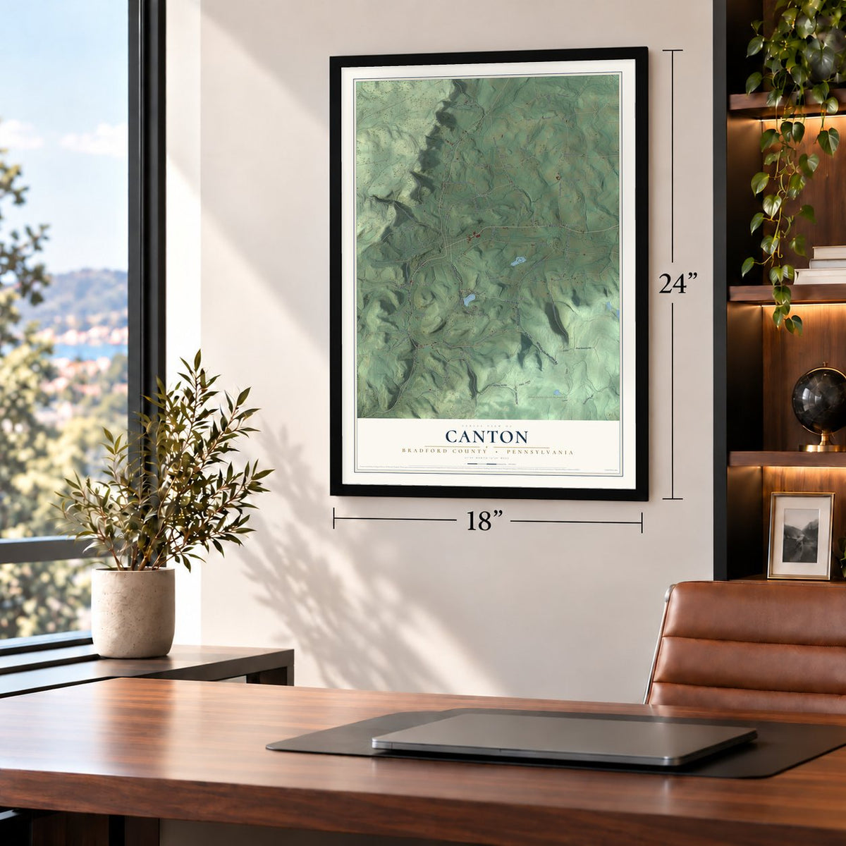 Canton, Bradford County, Pennsylvania map, 18 x 24 inch print in a black frame in a home office