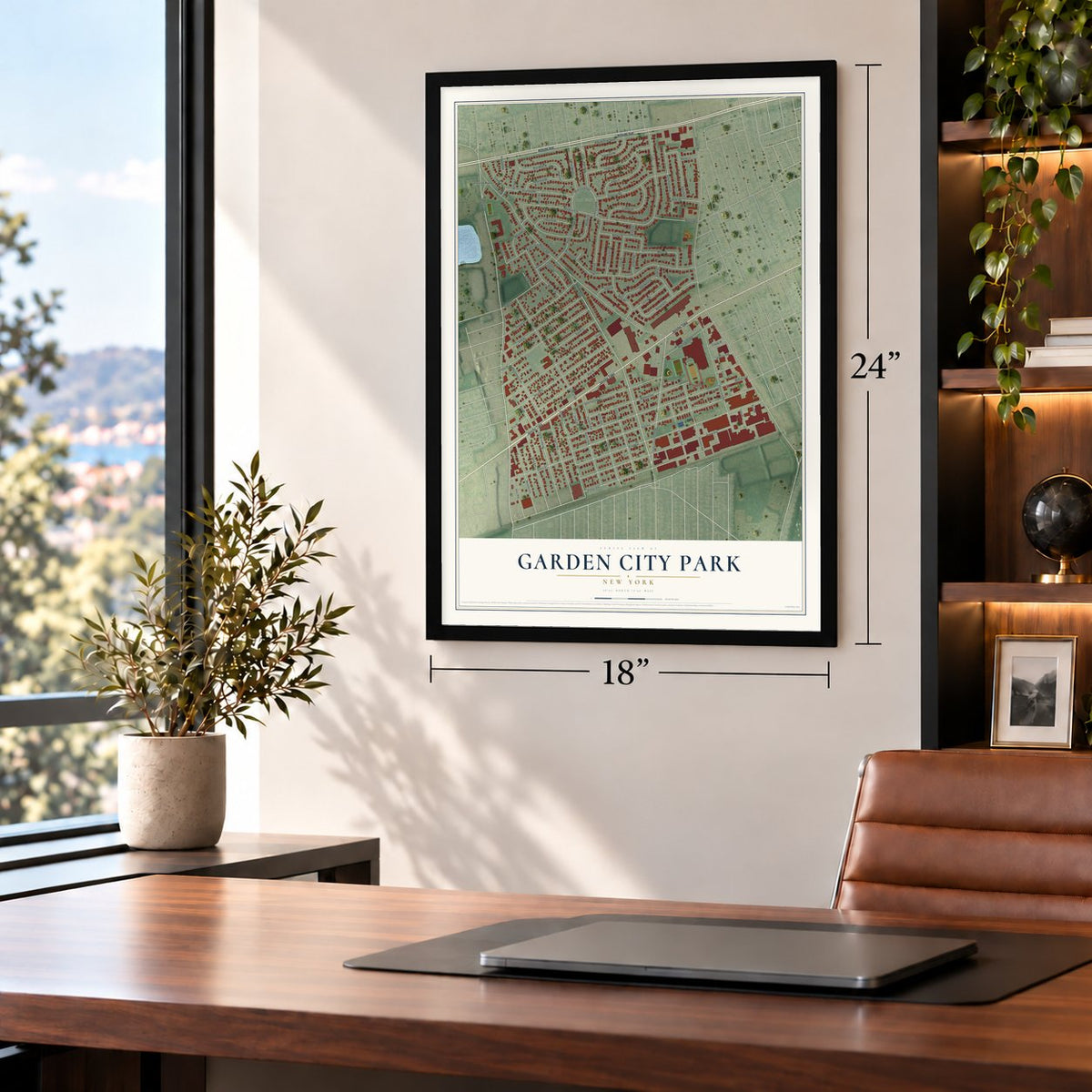 Garden City Park, New York map, 18 x 24 inch print in a black frame in a home office