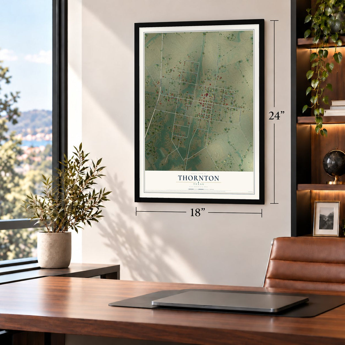 Thornton, Texas map, 18 x 24 inch print in a black frame in a home office