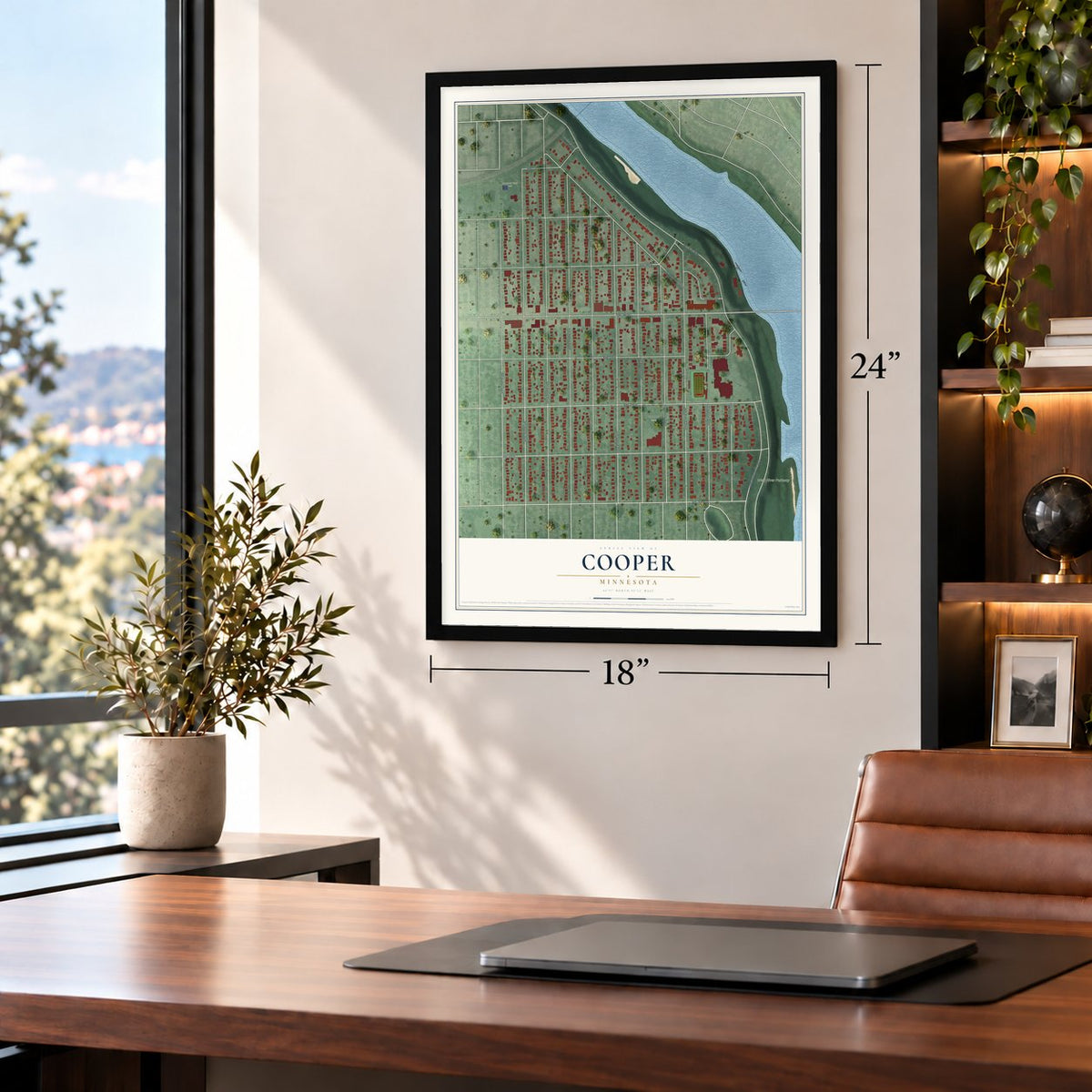 Cooper, Minnesota map, 18 x 24 inch print in a black frame in a home office