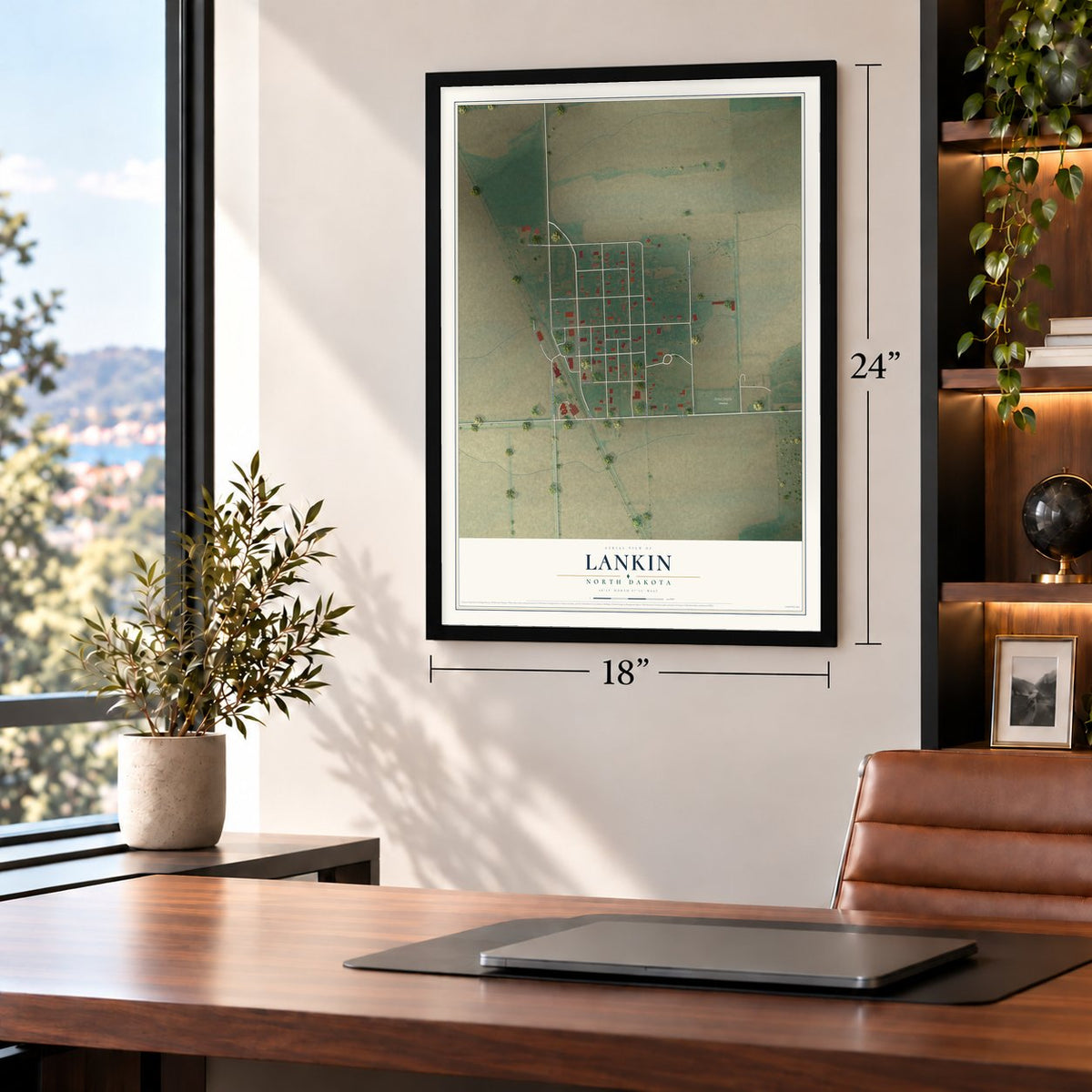 Lankin, North Dakota map, 18 x 24 inch print in a black frame in a home office