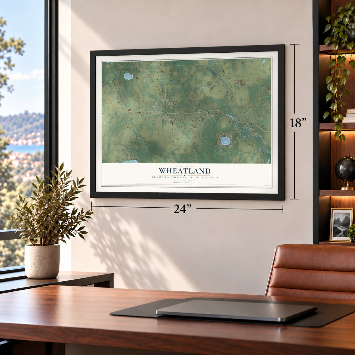 Wheatland, Kenosha County, Wisconsin map, 18 x 24 inch print in a black frame in a home office
