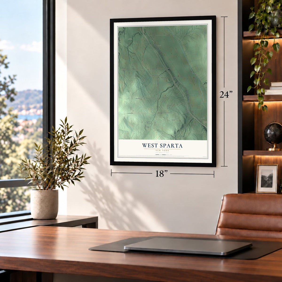 West Sparta, New York map, 18 x 24 inch print in a black frame in a home office