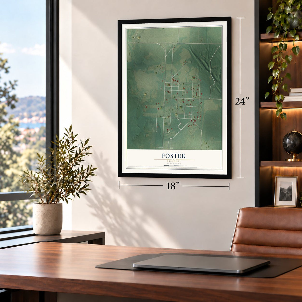Foster, Missouri map, 18 x 24 inch print in a black frame in a home office