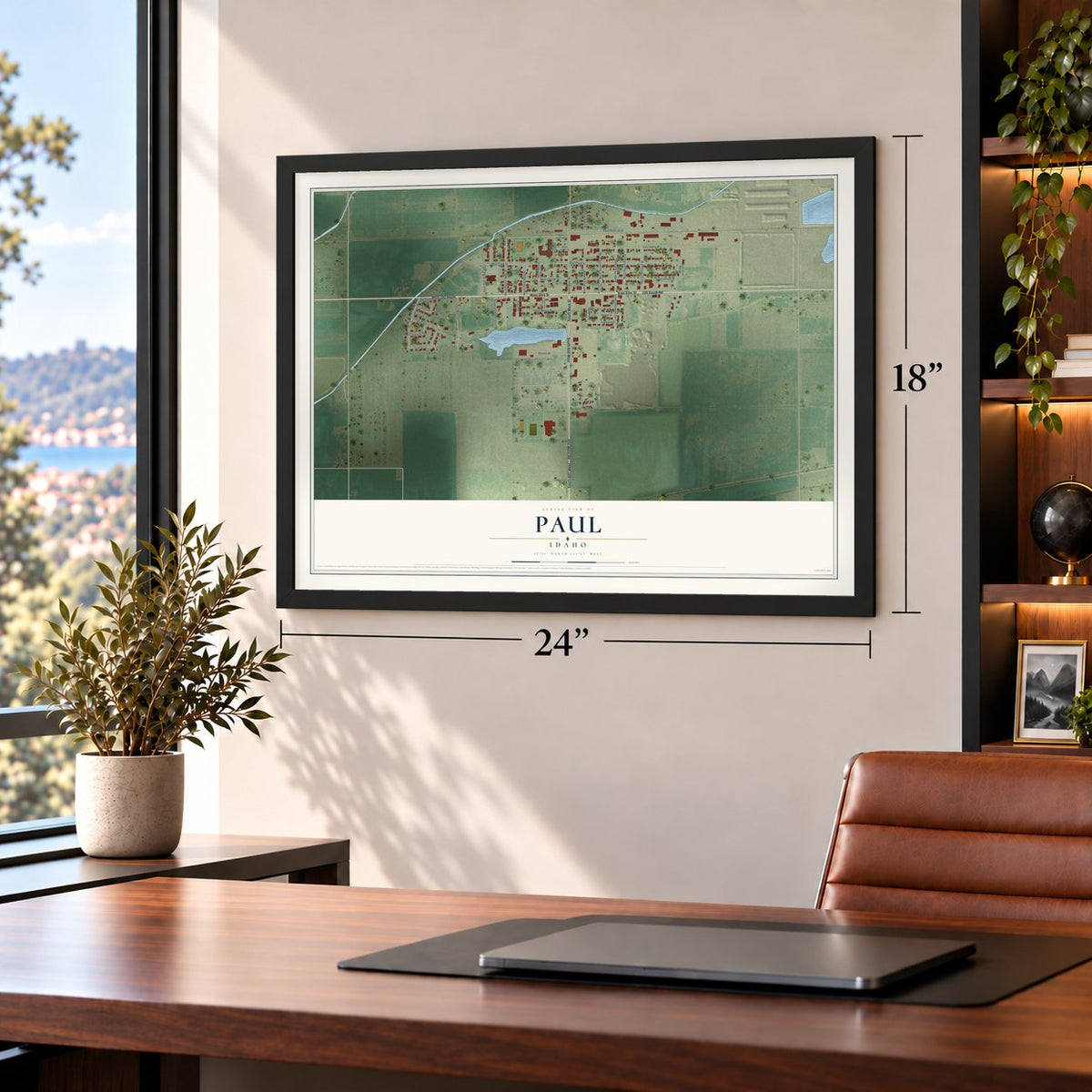 Paul, Idaho map, 18 x 24 inch print in a black frame in a home office