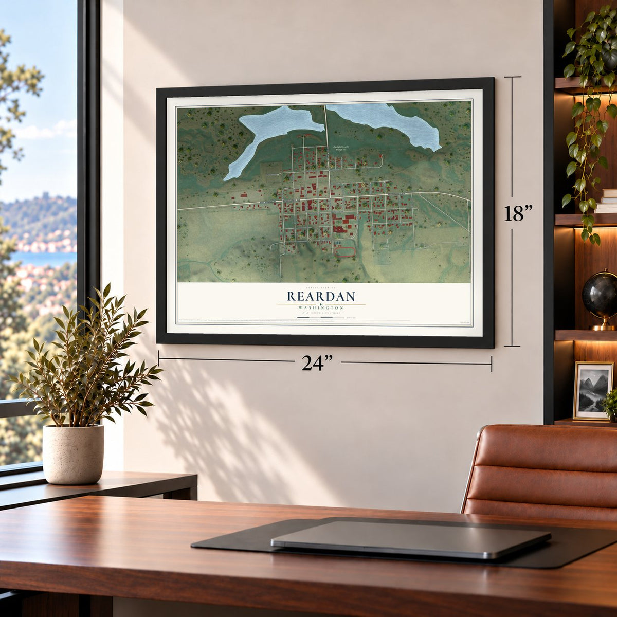 Reardan, Washington map, 18 x 24 inch print in a black frame in a home office