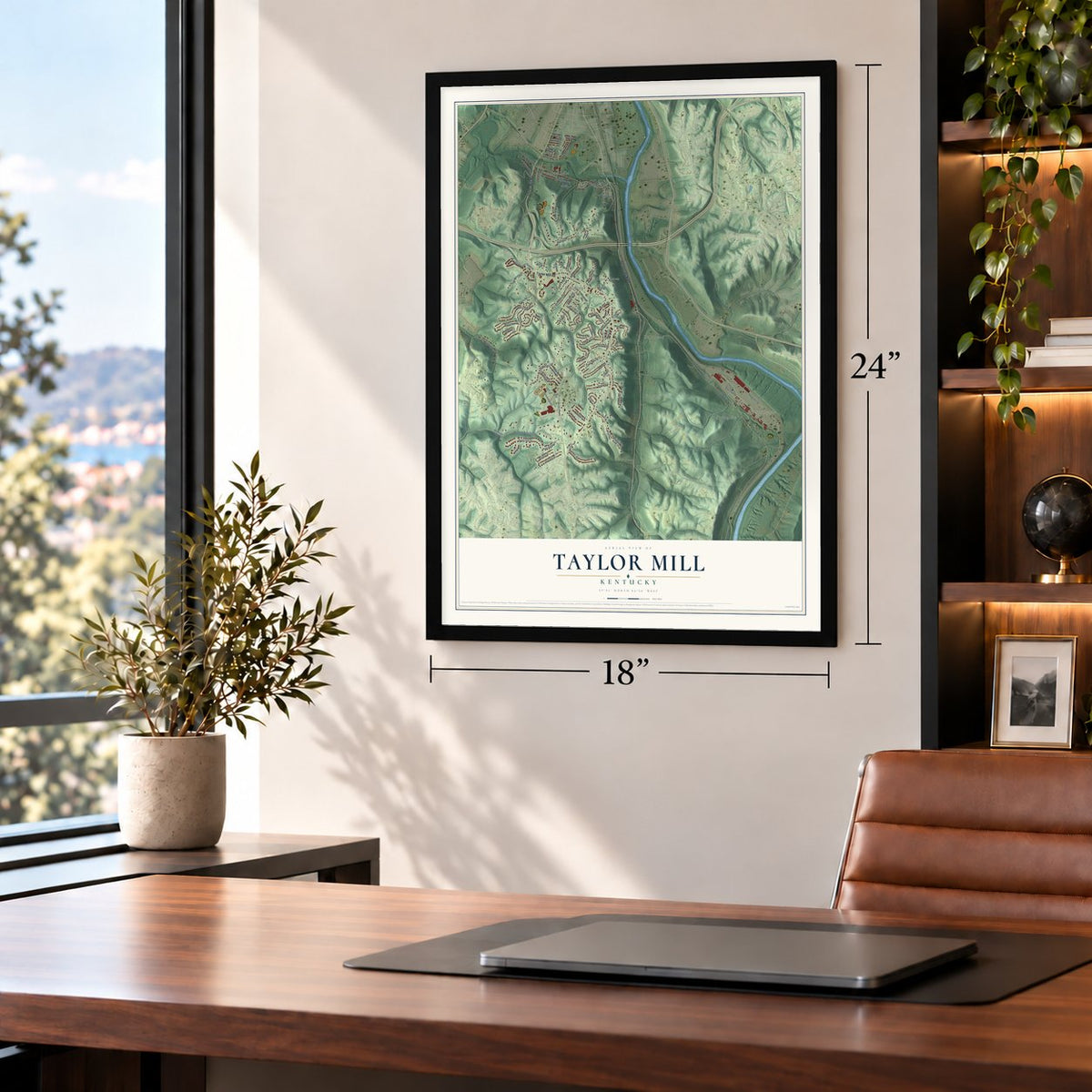 Taylor Mill, Kentucky map, 18 x 24 inch print in a black frame in a home office