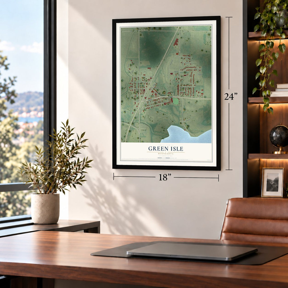 Green Isle, Minnesota map, 18 x 24 inch print in a black frame in a home office