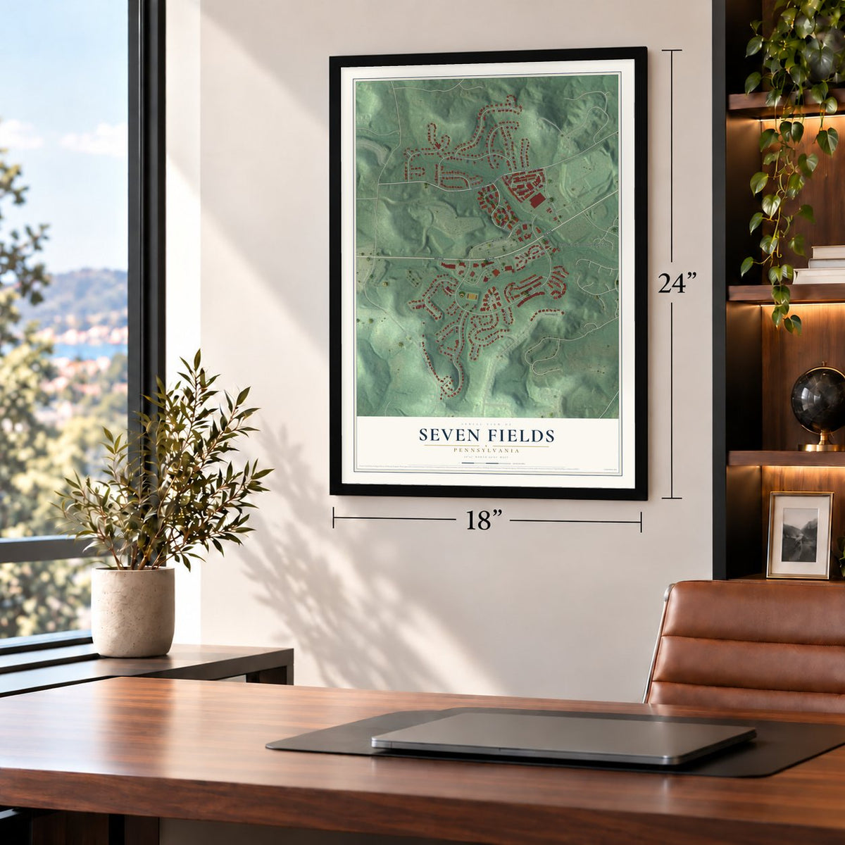 Seven Fields, Pennsylvania map, 18 x 24 inch print in a black frame in a home office