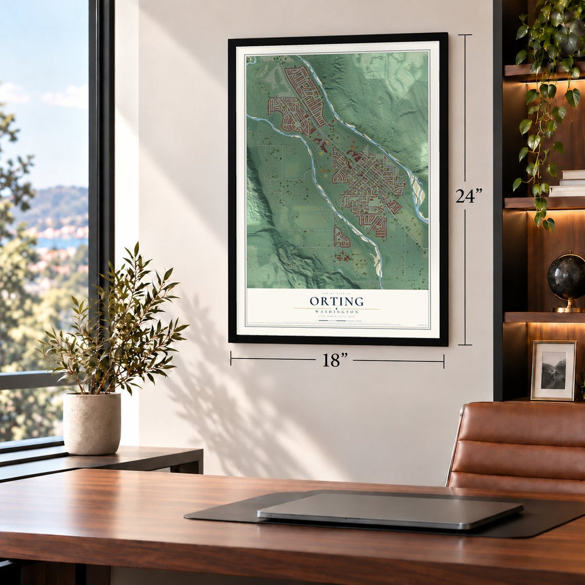 Orting, Washington map, 18 x 24 inch print in a black frame in a home office