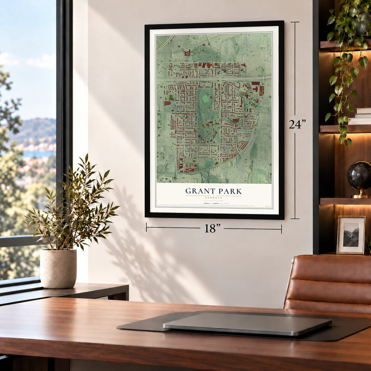 Grant Park, Georgia map, 18 x 24 inch print in a black frame in a home office