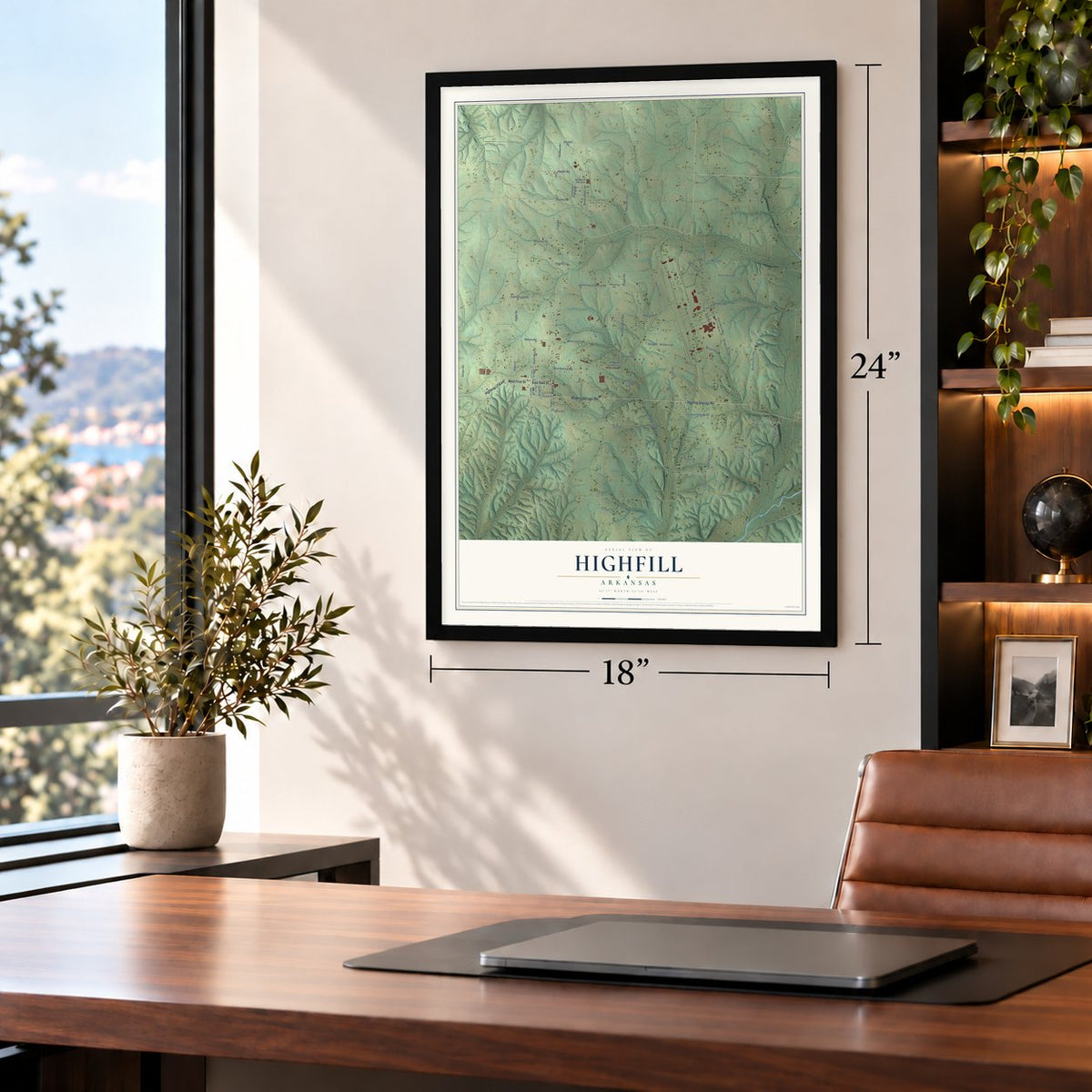 Highfill, Arkansas map, 18 x 24 inch print in a black frame in a home office