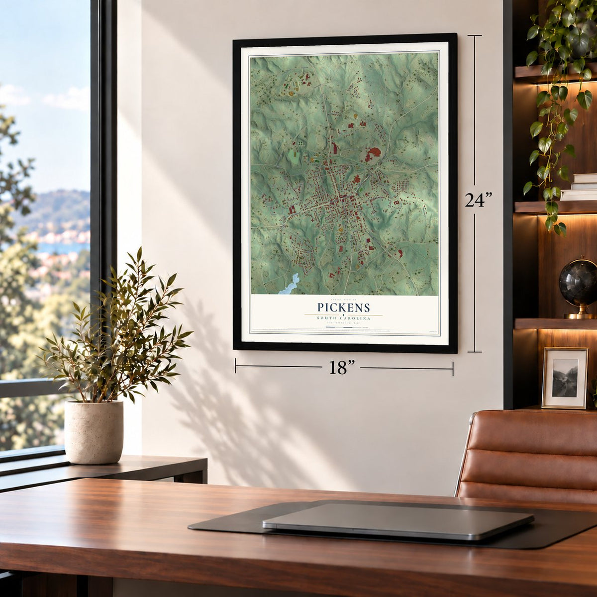 Pickens, South Carolina map, 18 x 24 inch print in a black frame in a home office