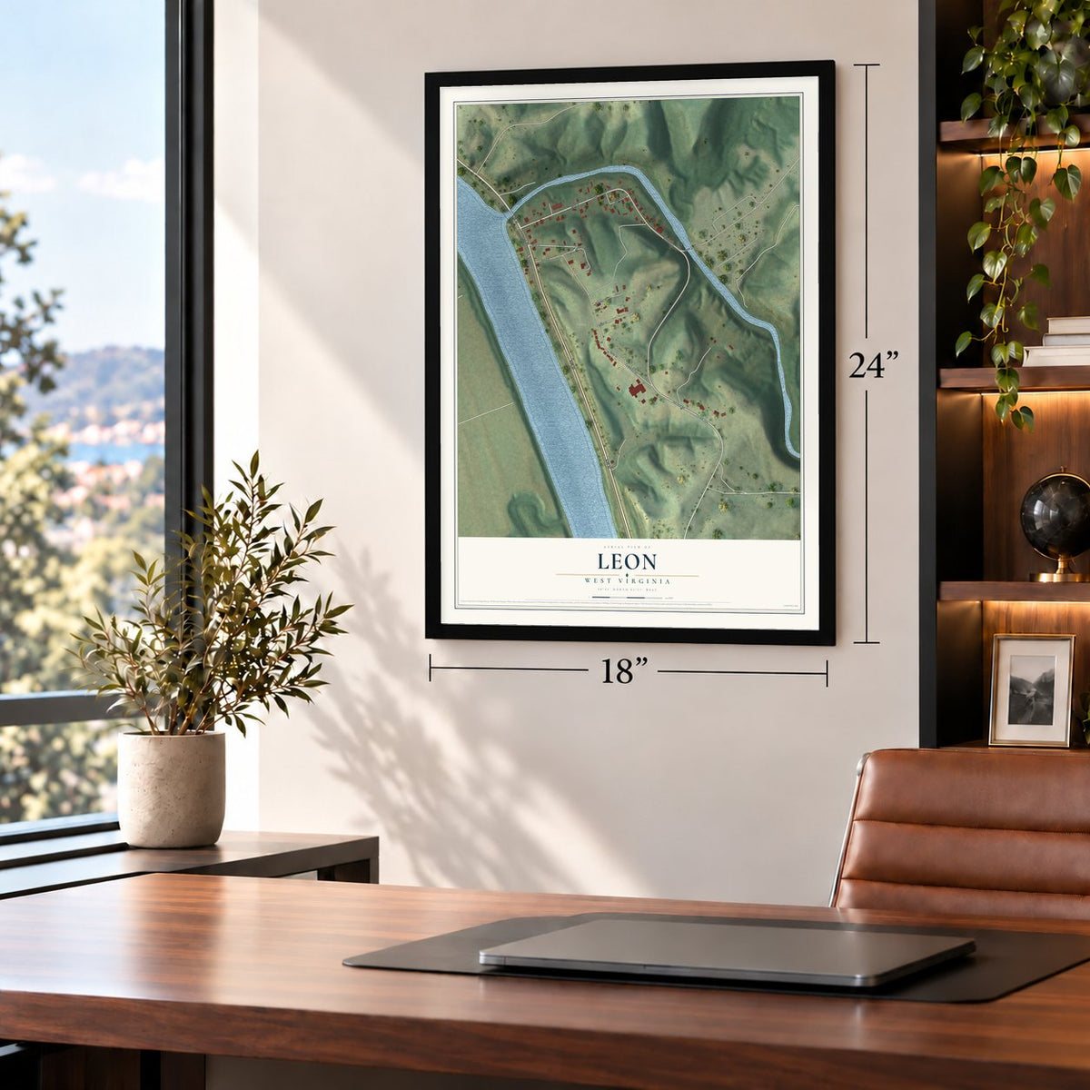 Leon, West Virginia map, 18 x 24 inch print in a black frame in a home office
