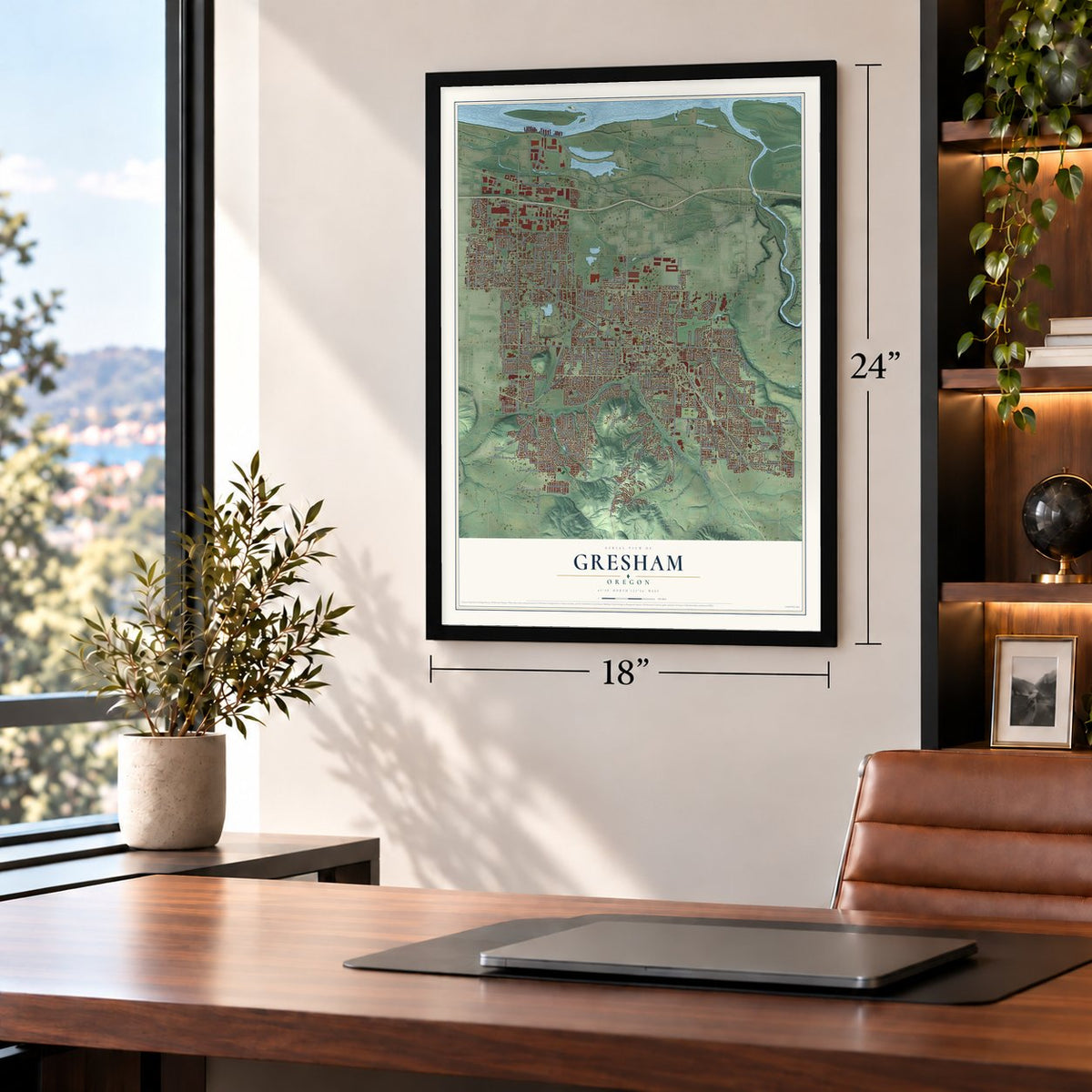 Gresham, Oregon map, 18 x 24 inch print in a black frame in a home office