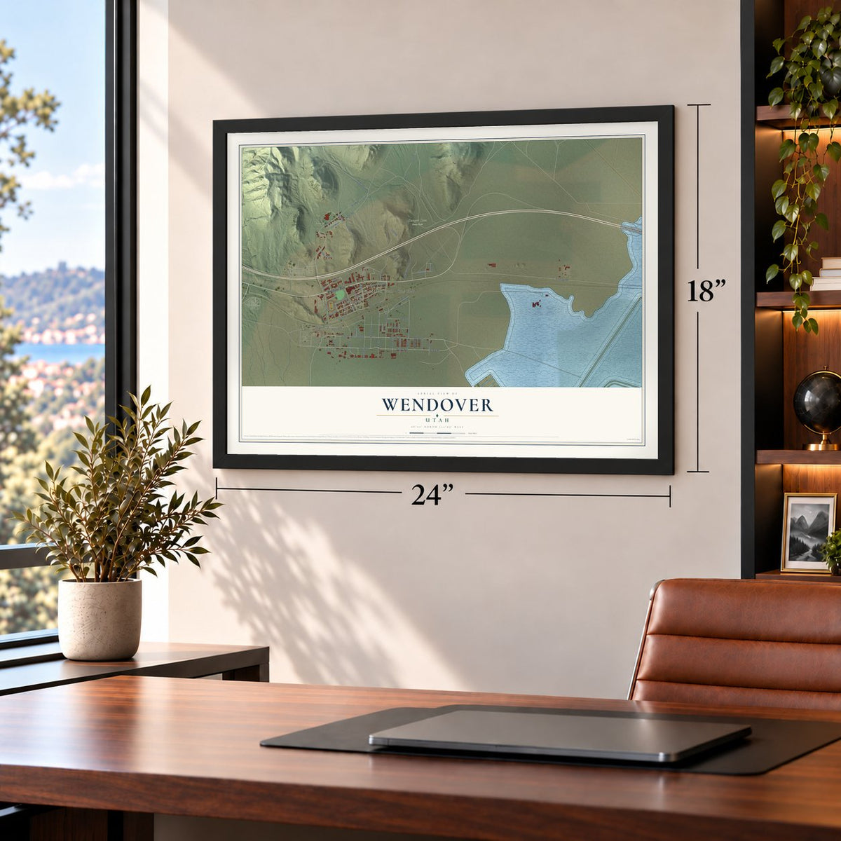 Wendover, Utah map, 18 x 24 inch print in a black frame in a home office