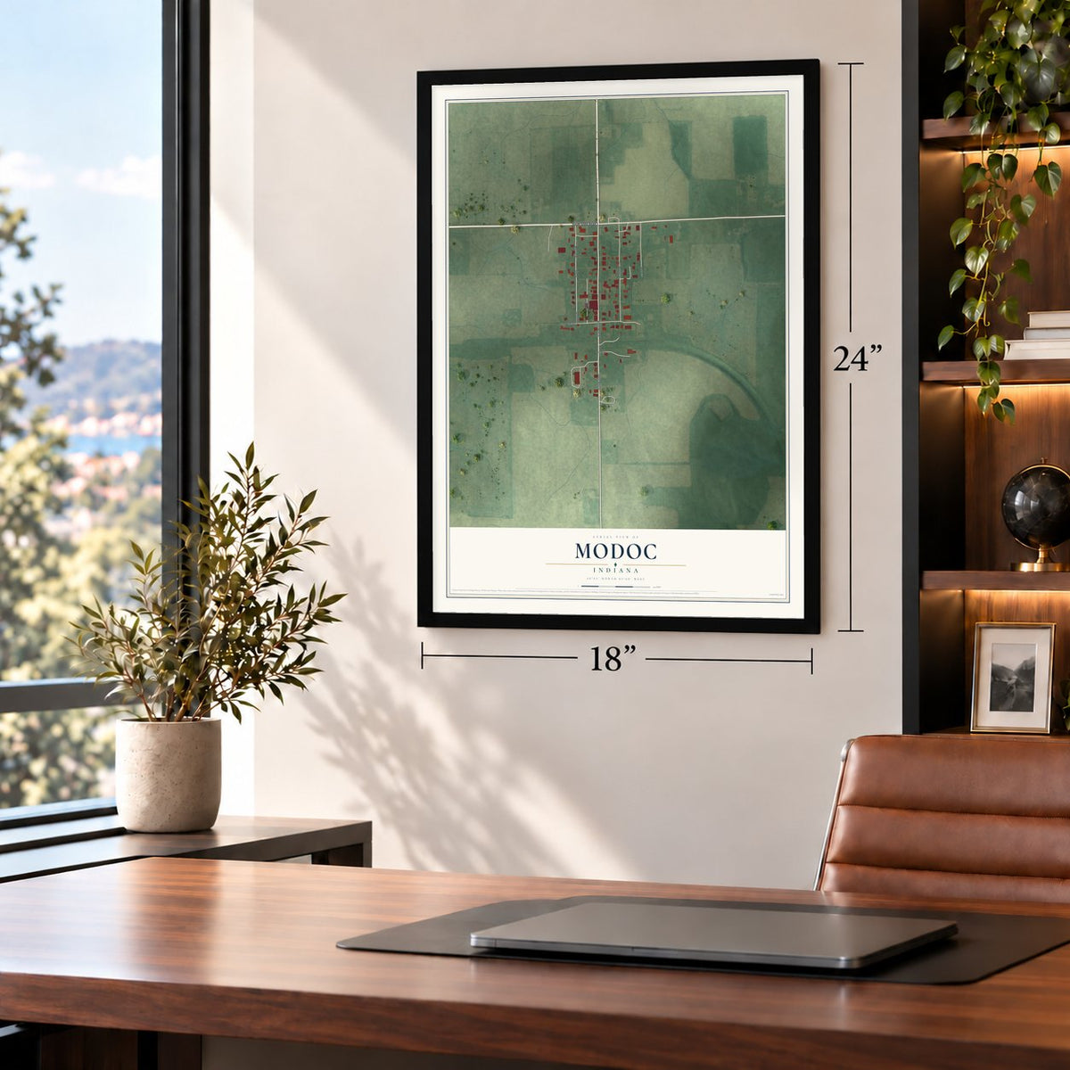 Modoc, Indiana map, 18 x 24 inch print in a black frame in a home office