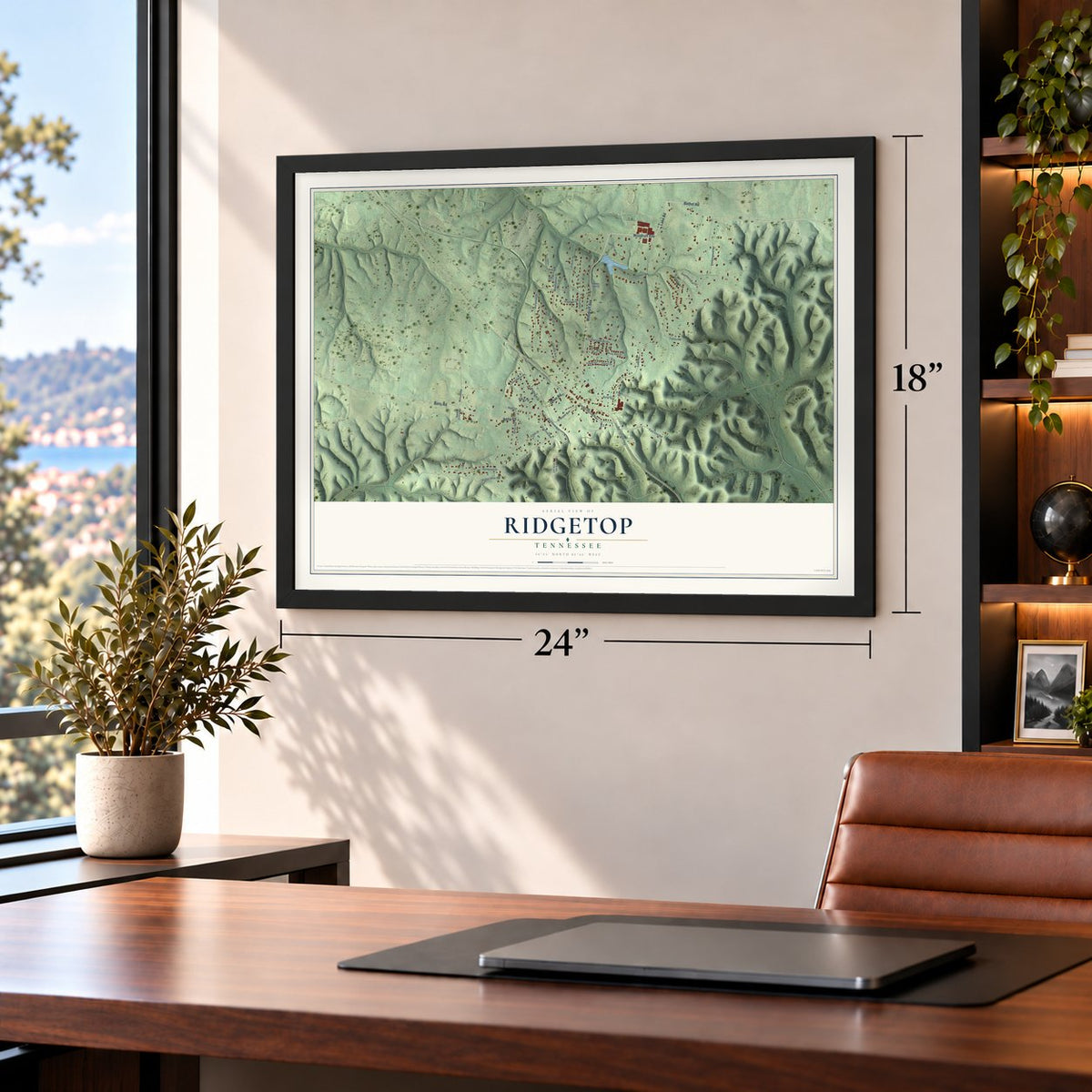 Ridgetop, Tennessee map, 18 x 24 inch print in a black frame in a home office