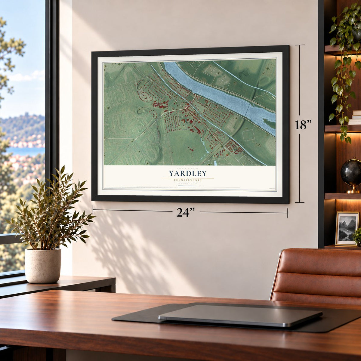 Yardley, Pennsylvania map, 18 x 24 inch print in a black frame in a home office