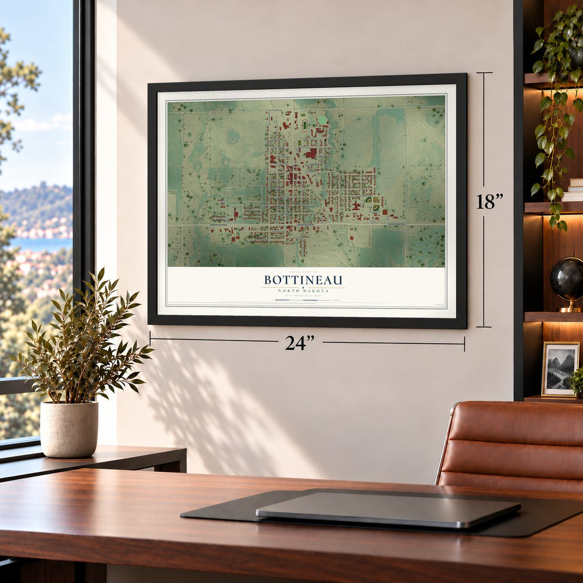 Bottineau, North Dakota map, 18 x 24 inch print in a black frame in a home office