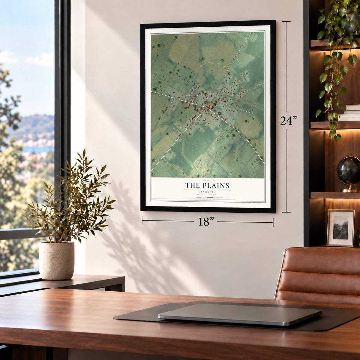 The Plains, Virginia map, 18 x 24 inch print in a black frame in a home office