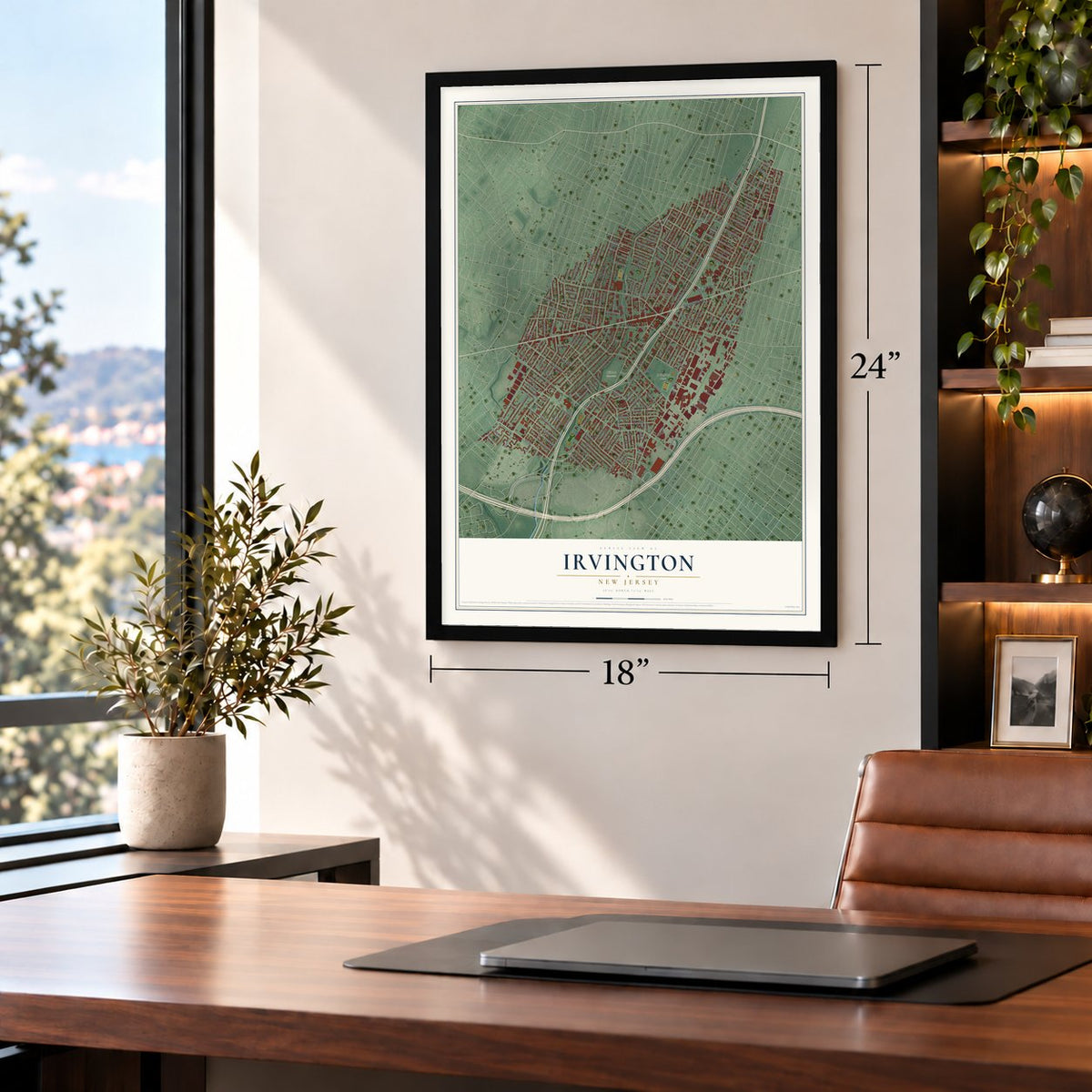 Irvington, New Jersey map, 18 x 24 inch print in a black frame in a home office