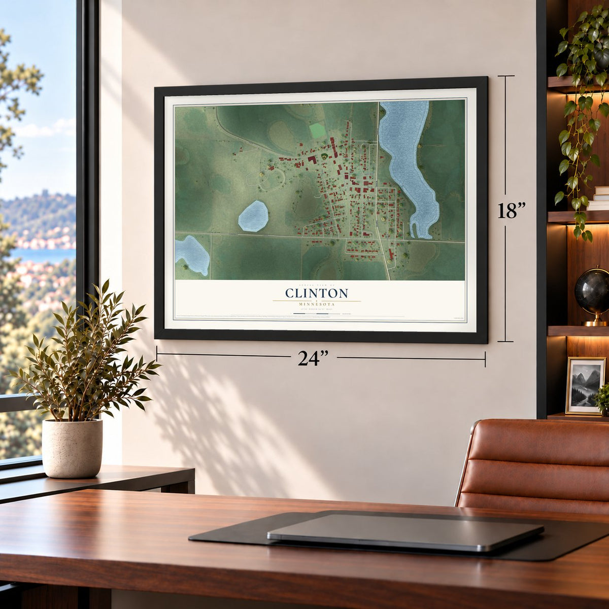 Clinton, Minnesota map, 18 x 24 inch print in a black frame in a home office