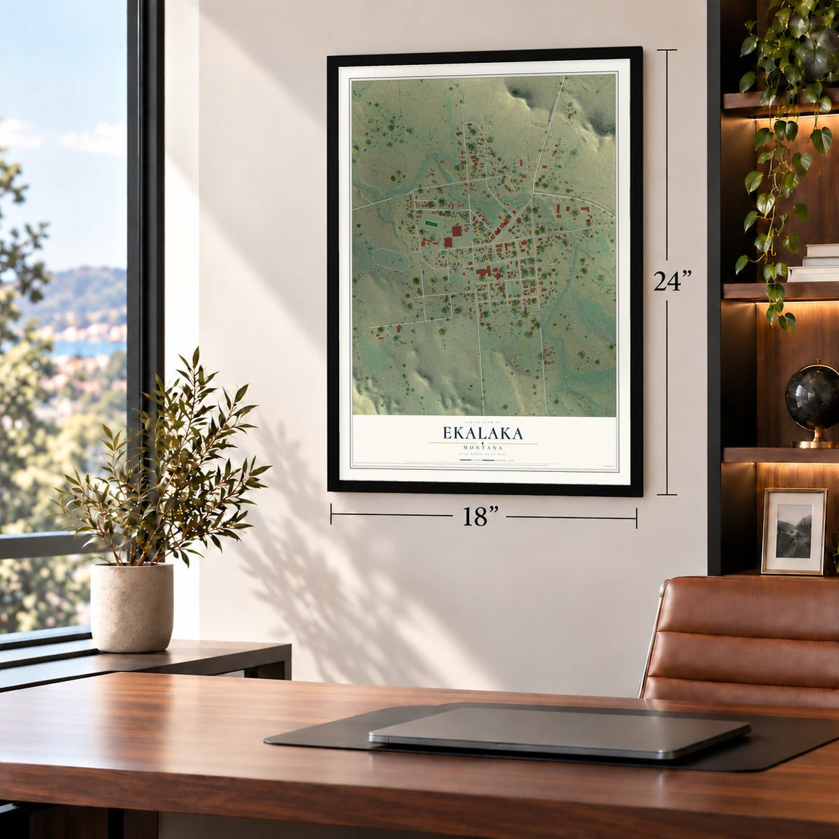 Ekalaka, Montana map, 18 x 24 inch print in a black frame in a home office