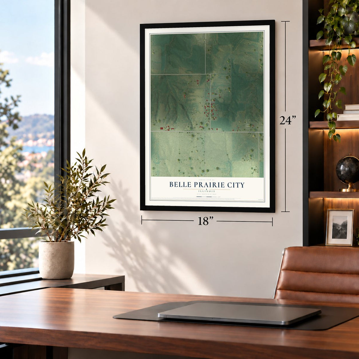 Belle Prairie City, Illinois map, 18 x 24 inch print in a black frame in a home office