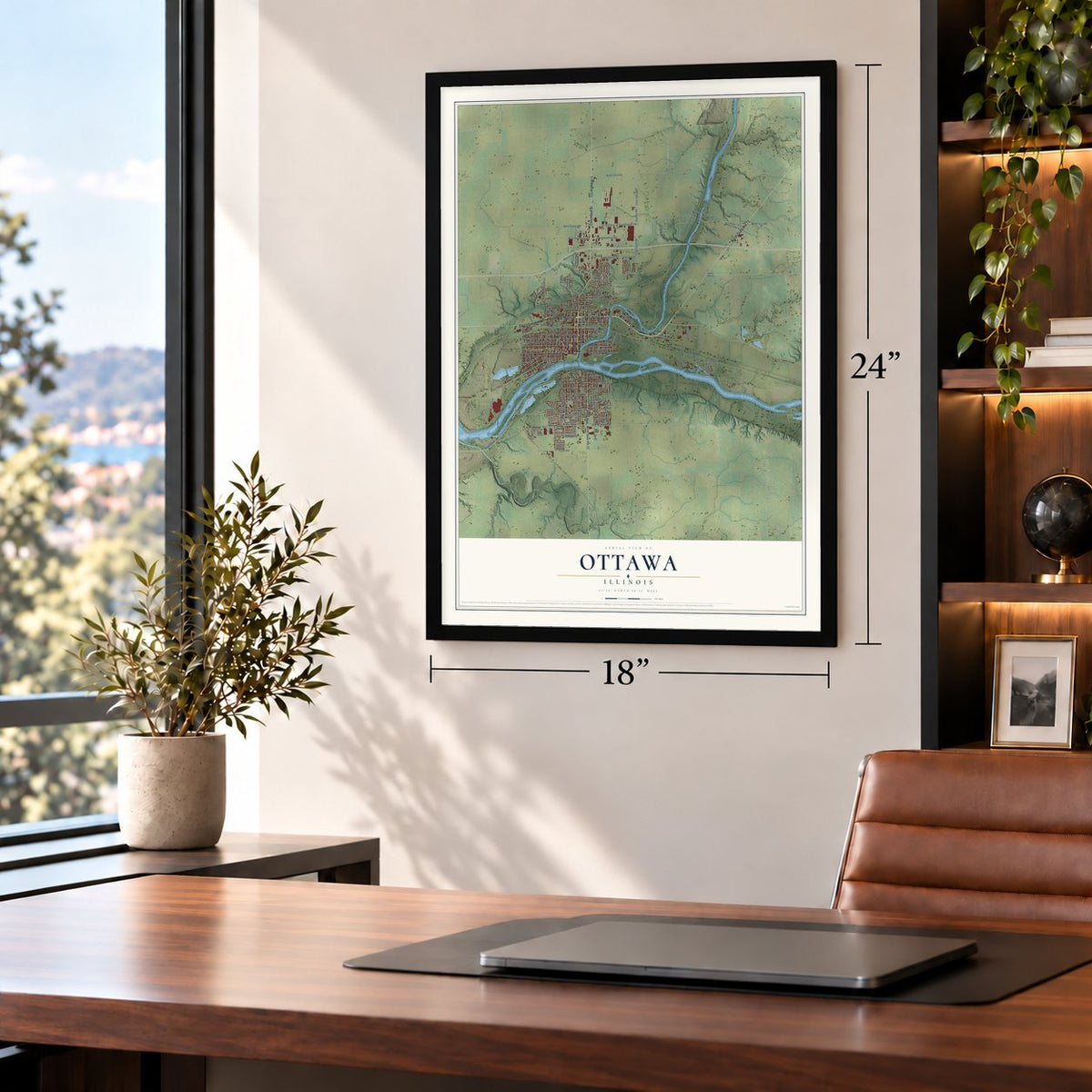 Ottawa, Illinois map, 18 x 24 inch print in a black frame in a home office