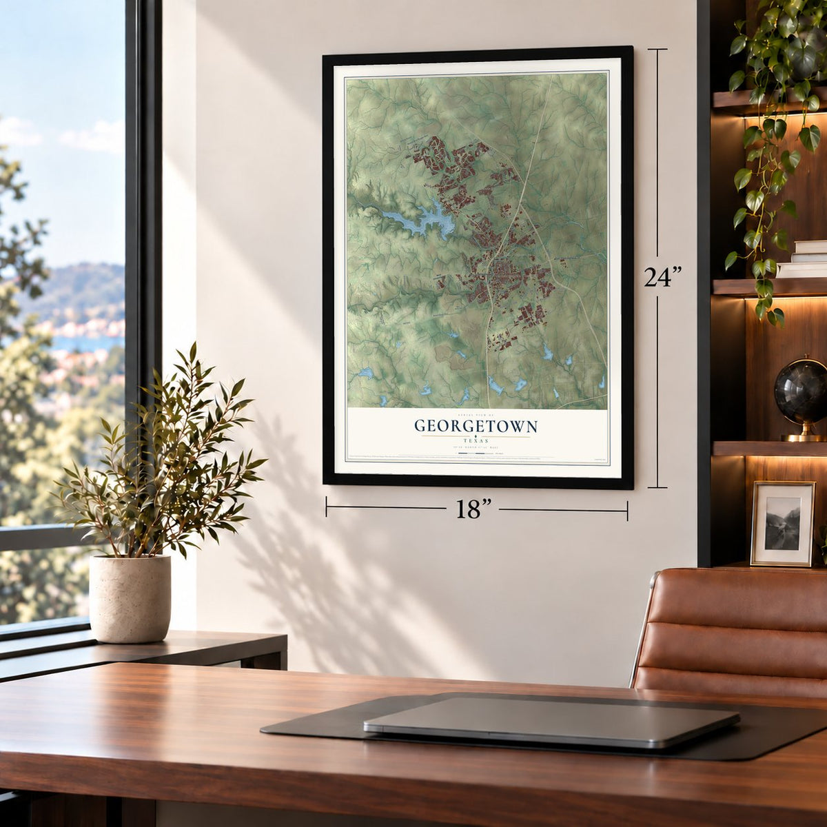 Georgetown, Texas map, 18 x 24 inch print in a black frame in a home office