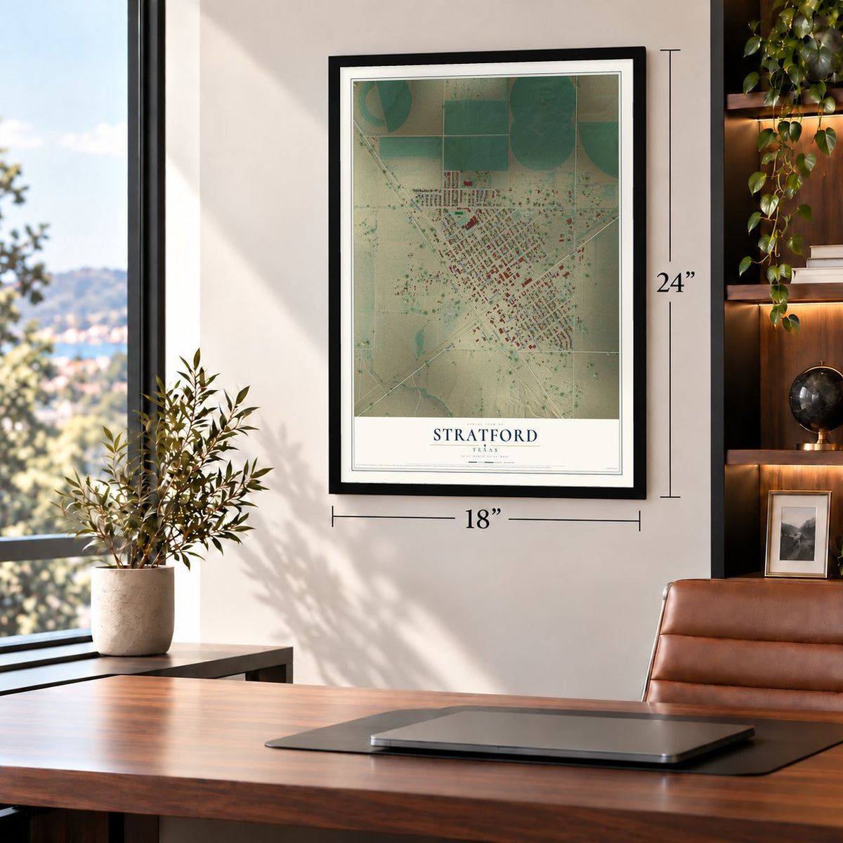 Stratford, Texas map, 18 x 24 inch print in a black frame in a home office