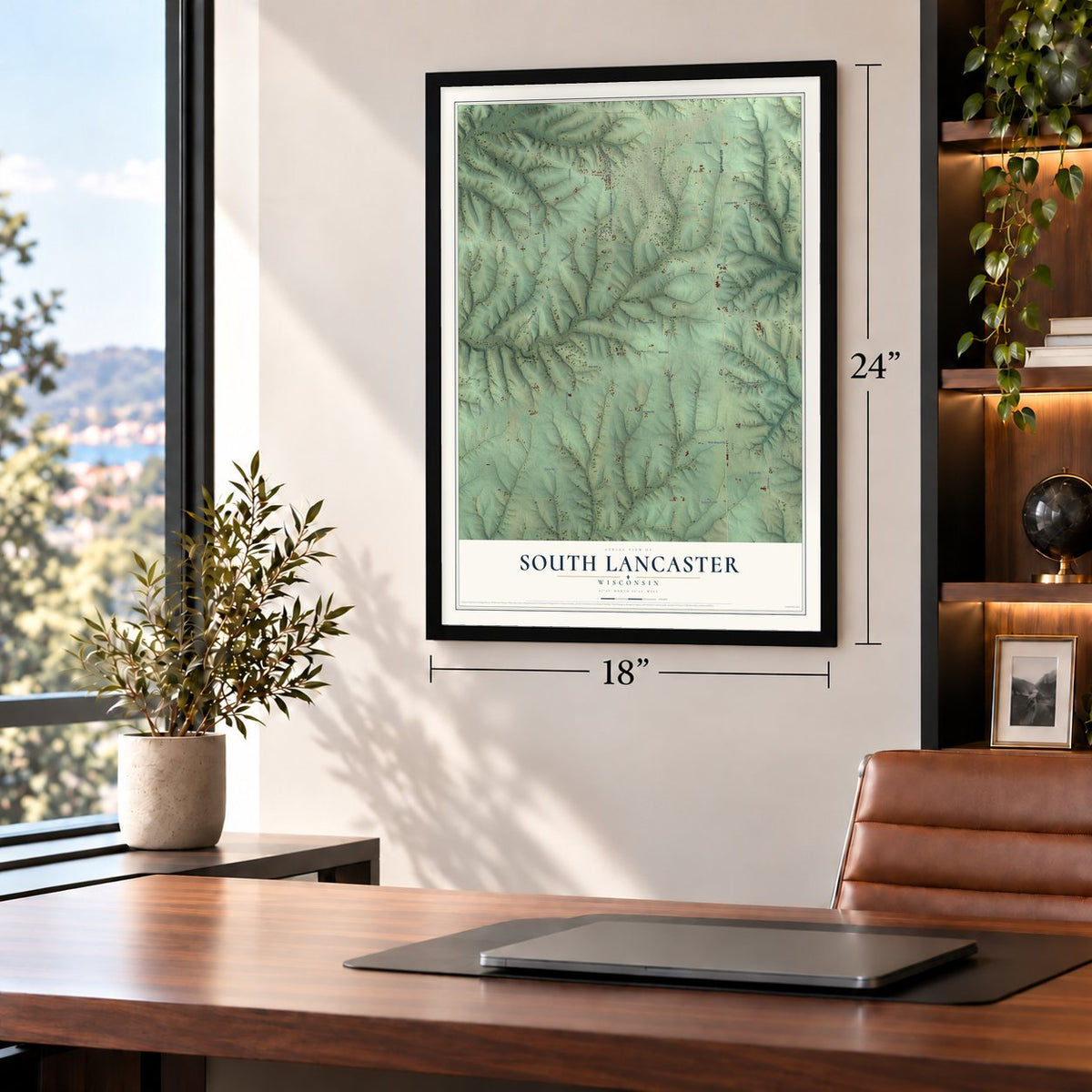 South Lancaster, Wisconsin map, 18 x 24 inch print in a black frame in a home office
