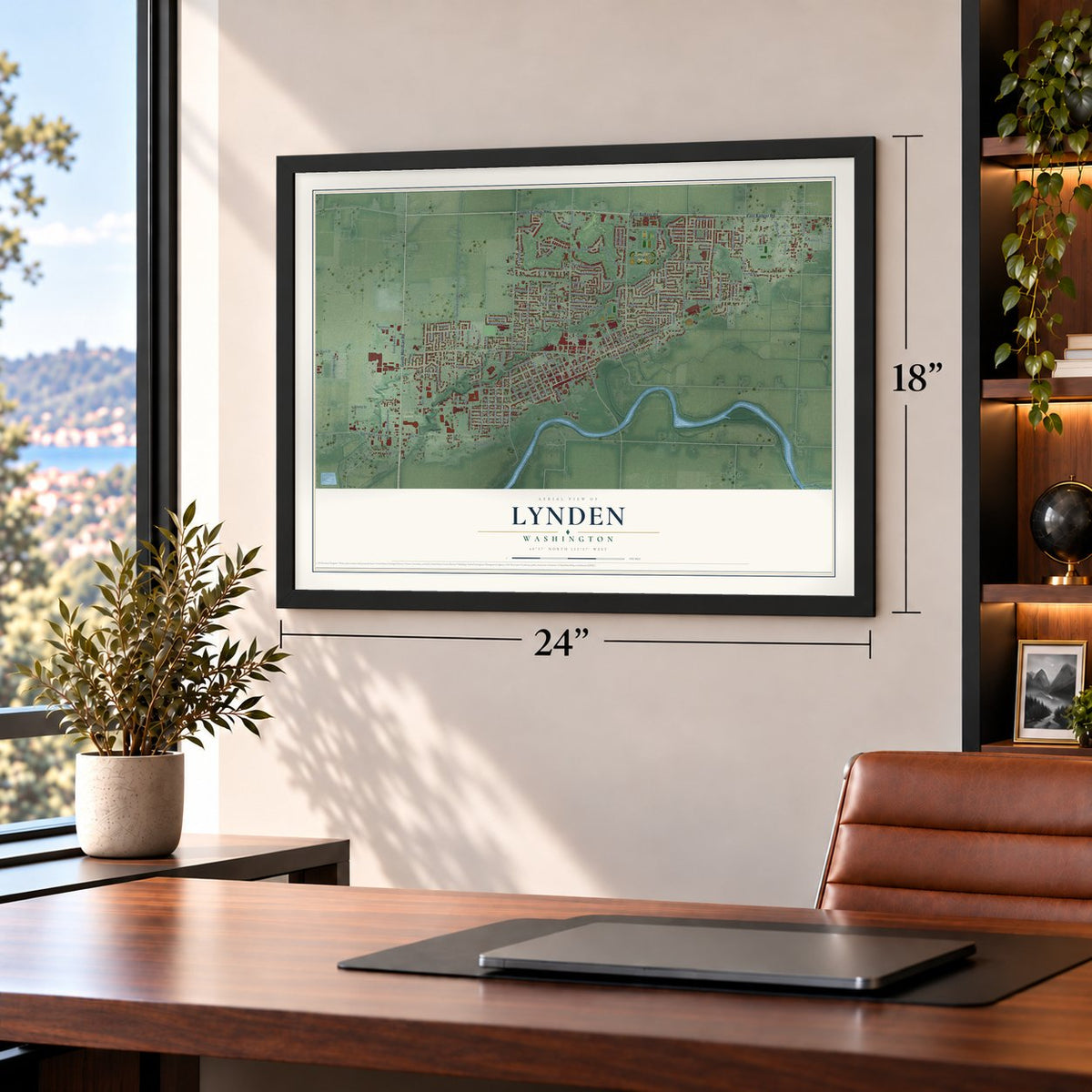 Lynden, Washington map, 18 x 24 inch print in a black frame in a home office