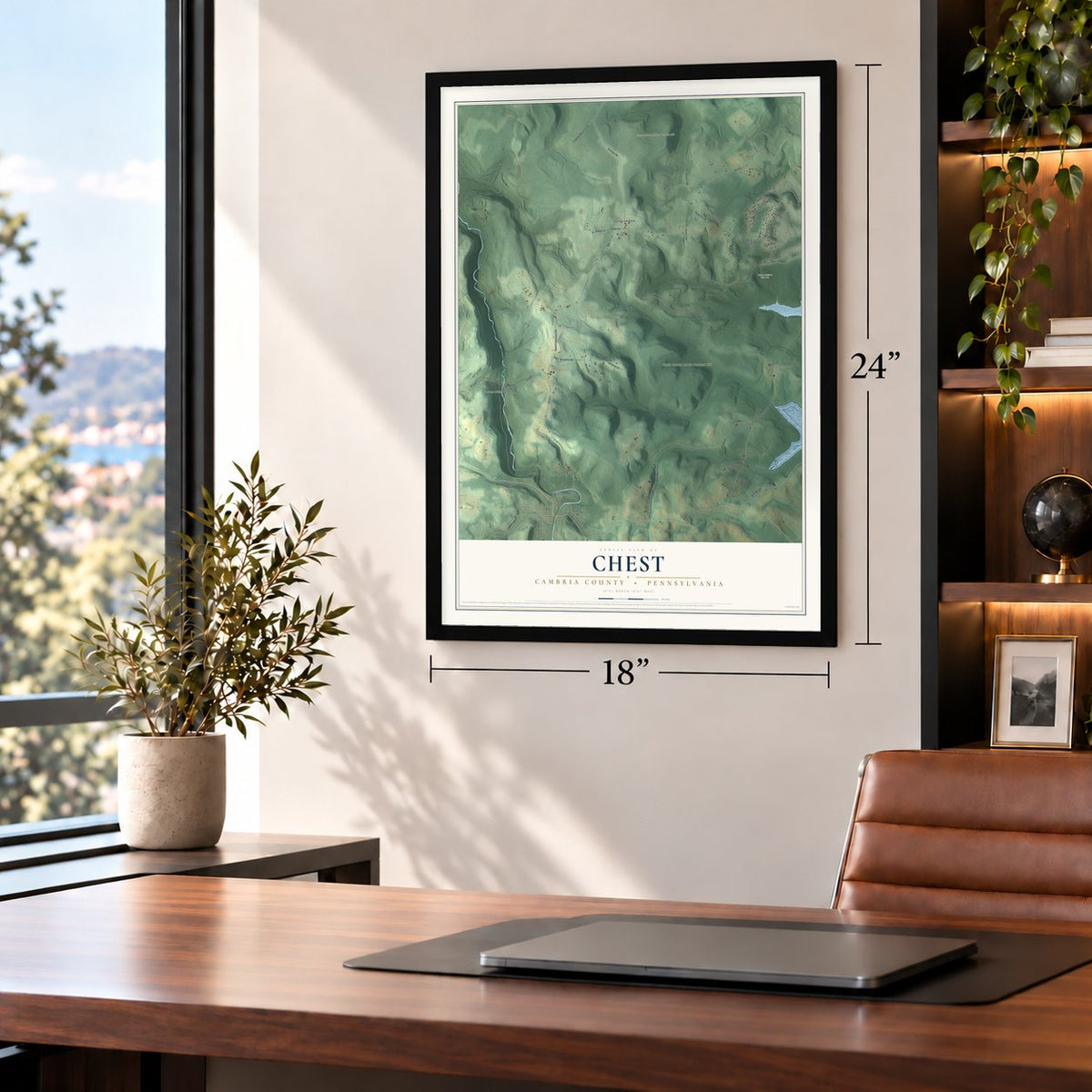 Chest, Cambria County, Pennsylvania map, 18 x 24 inch print in a black frame in a home office