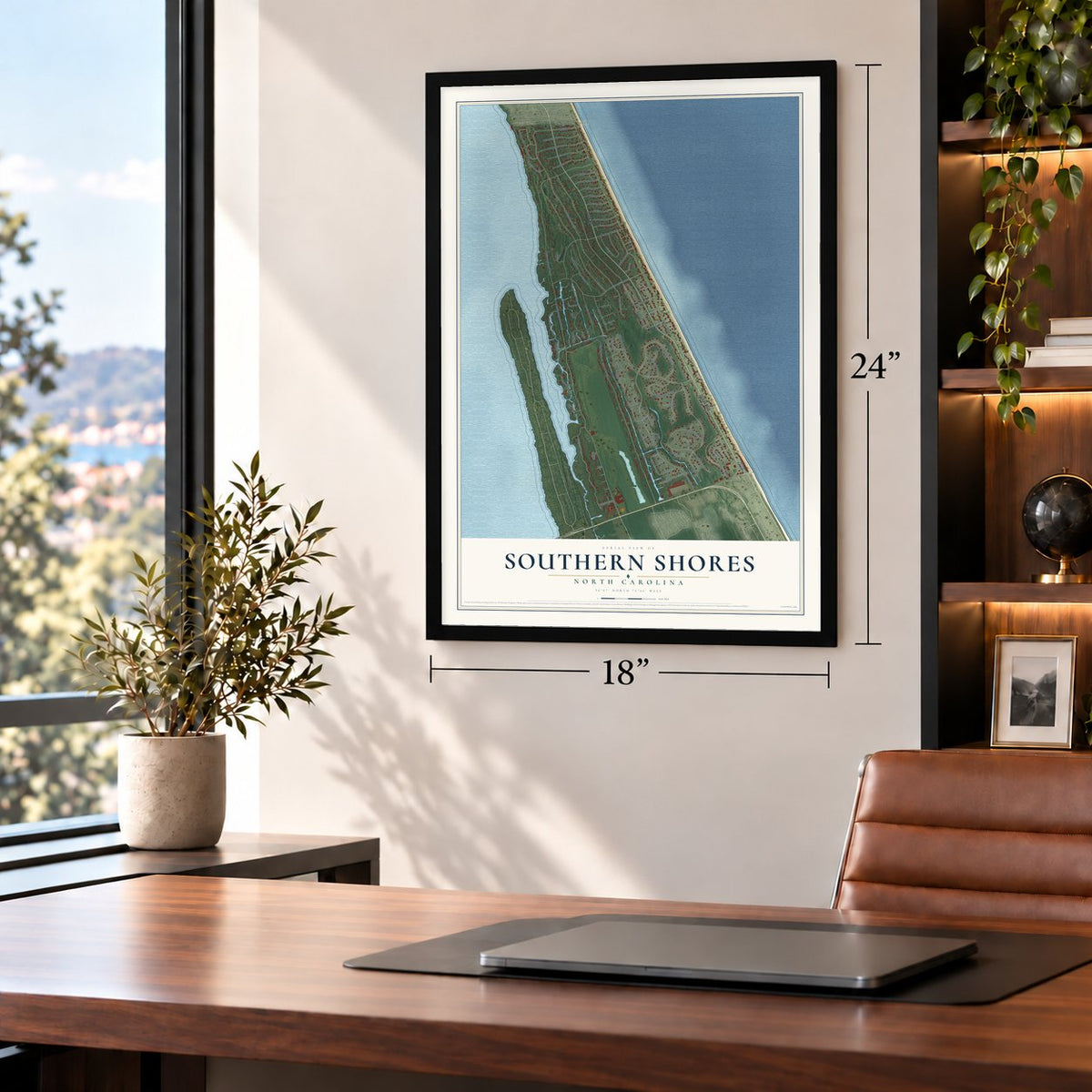 Southern Shores, North Carolina map, 18 x 24 inch print in a black frame in a home office