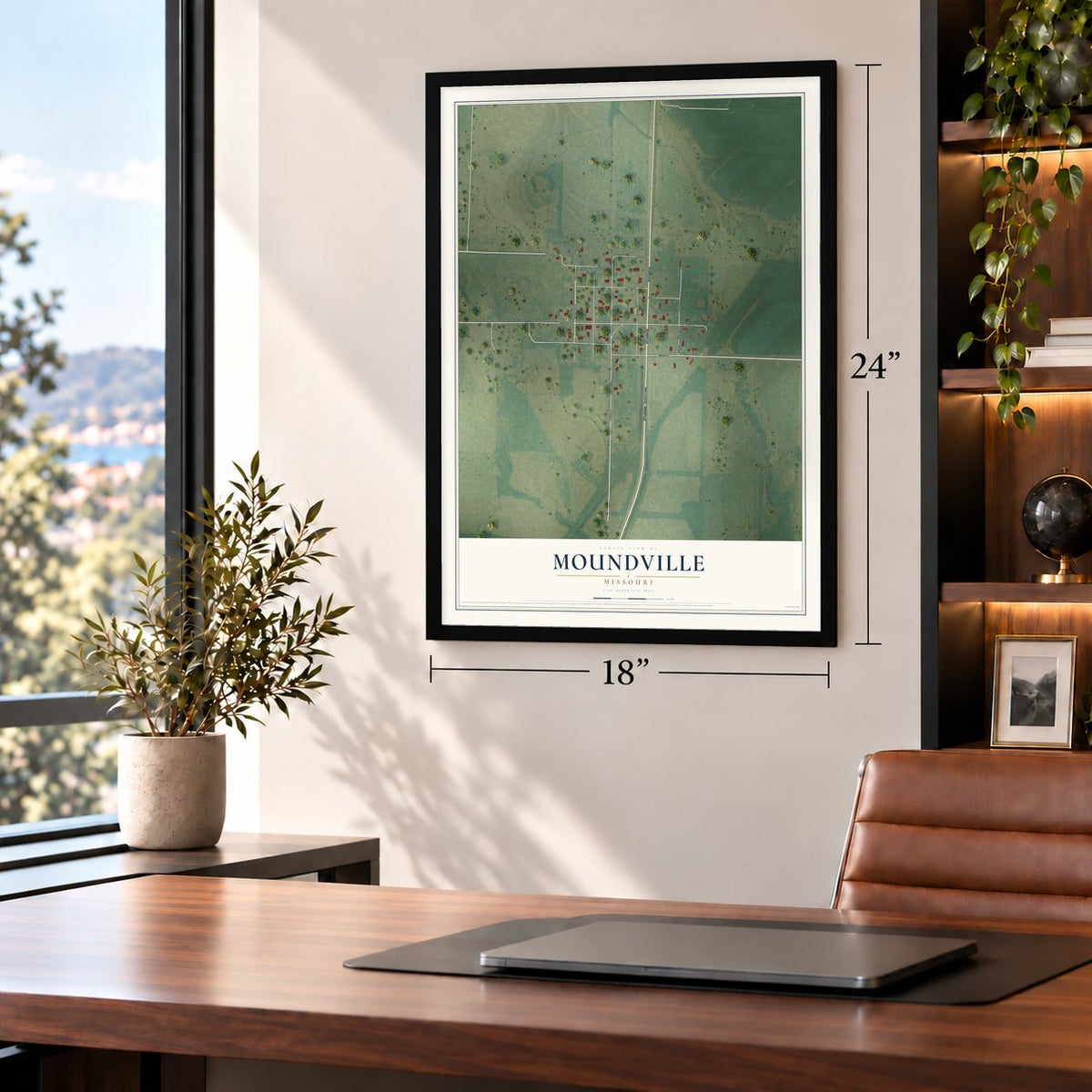 Moundville, Missouri map, 18 x 24 inch print in a black frame in a home office